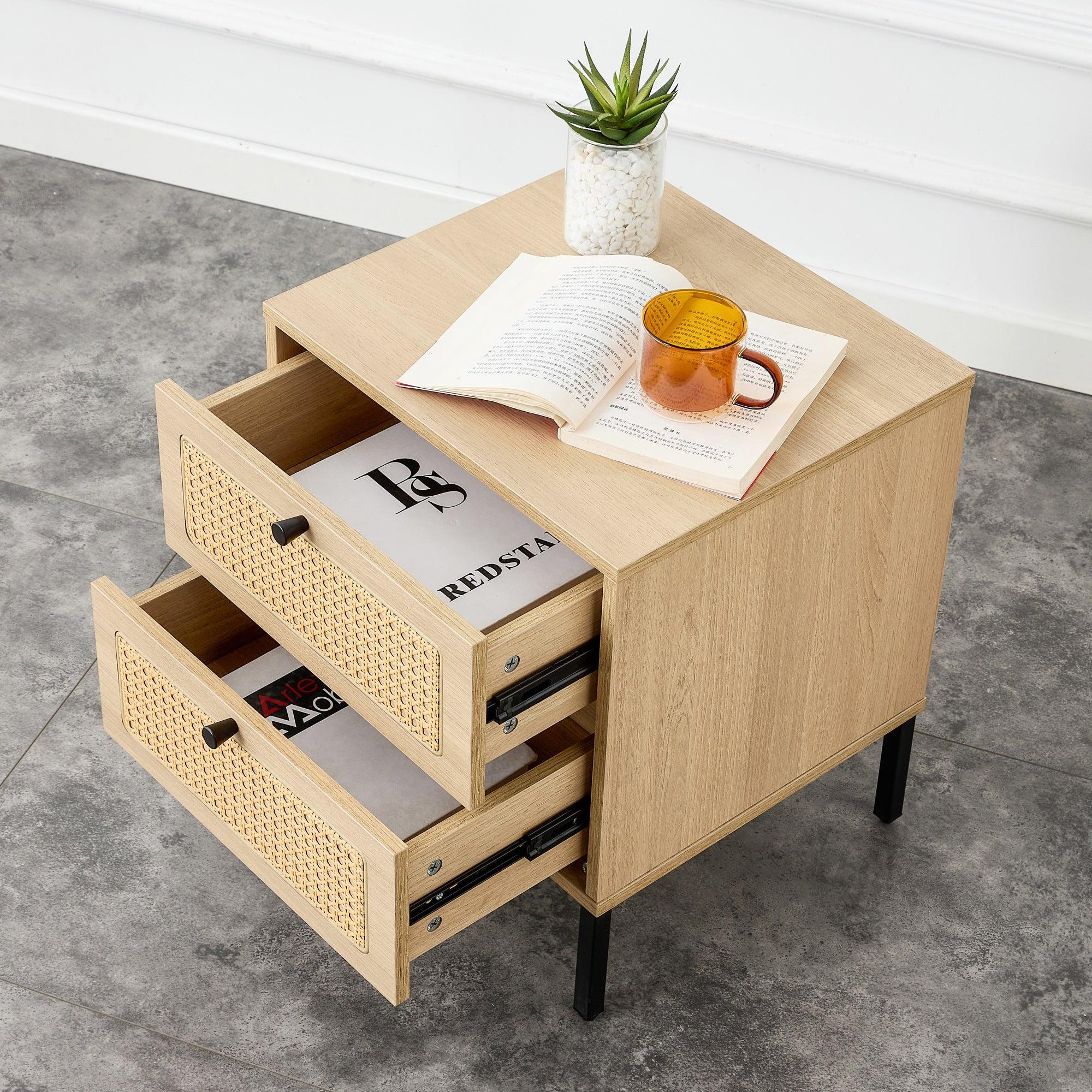 Modern simpleStorage cabinet MDF Board bedside cabinet Japanese rattan bedside cabinet Small household furniture bedside table.Applicable to dressing table in bedroom, porch, living room.2 Drawers