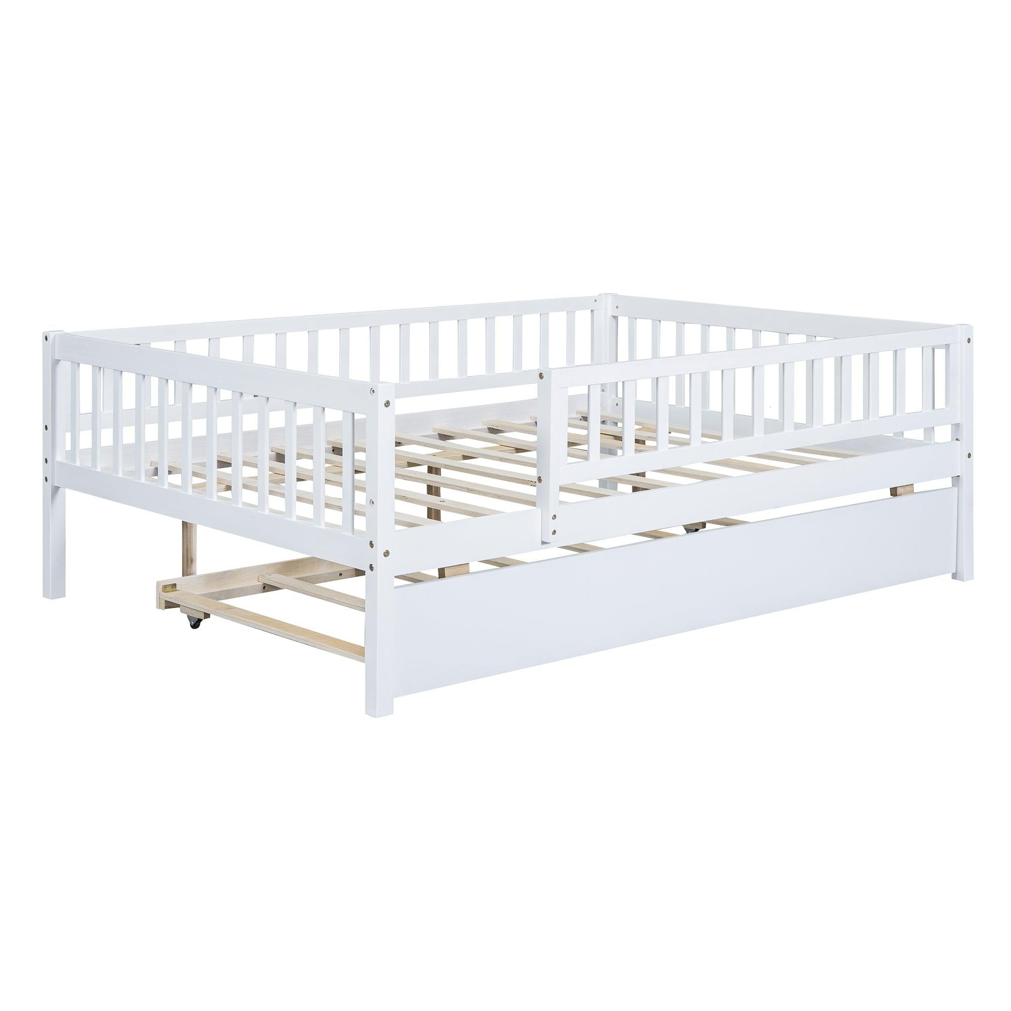 Full Size Wood Daybed with Trundle and Fence Guardrails, White