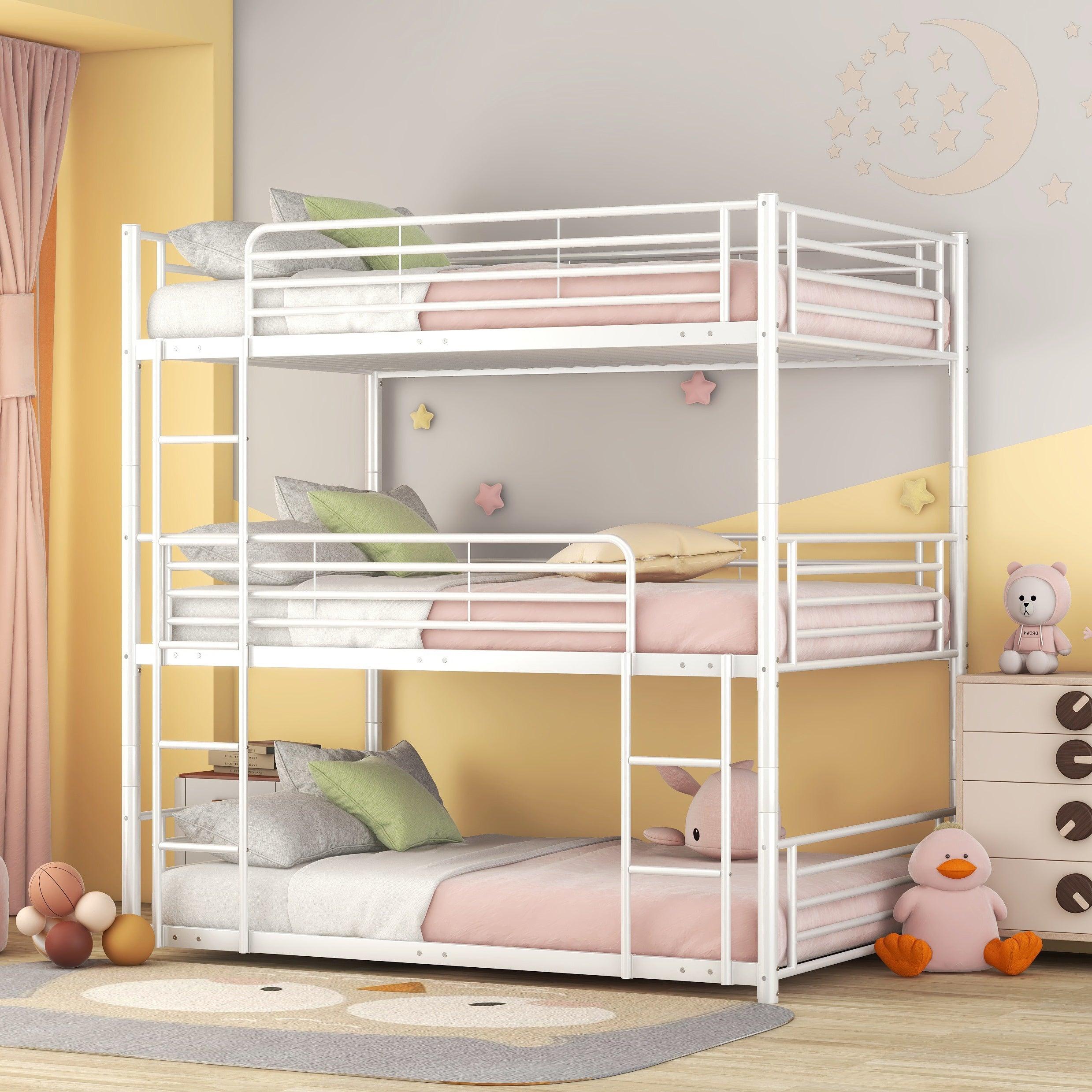 Full-Full-Full Metal  Triple Bed  with Built-in Ladder, Divided into Three Separate Beds,White image