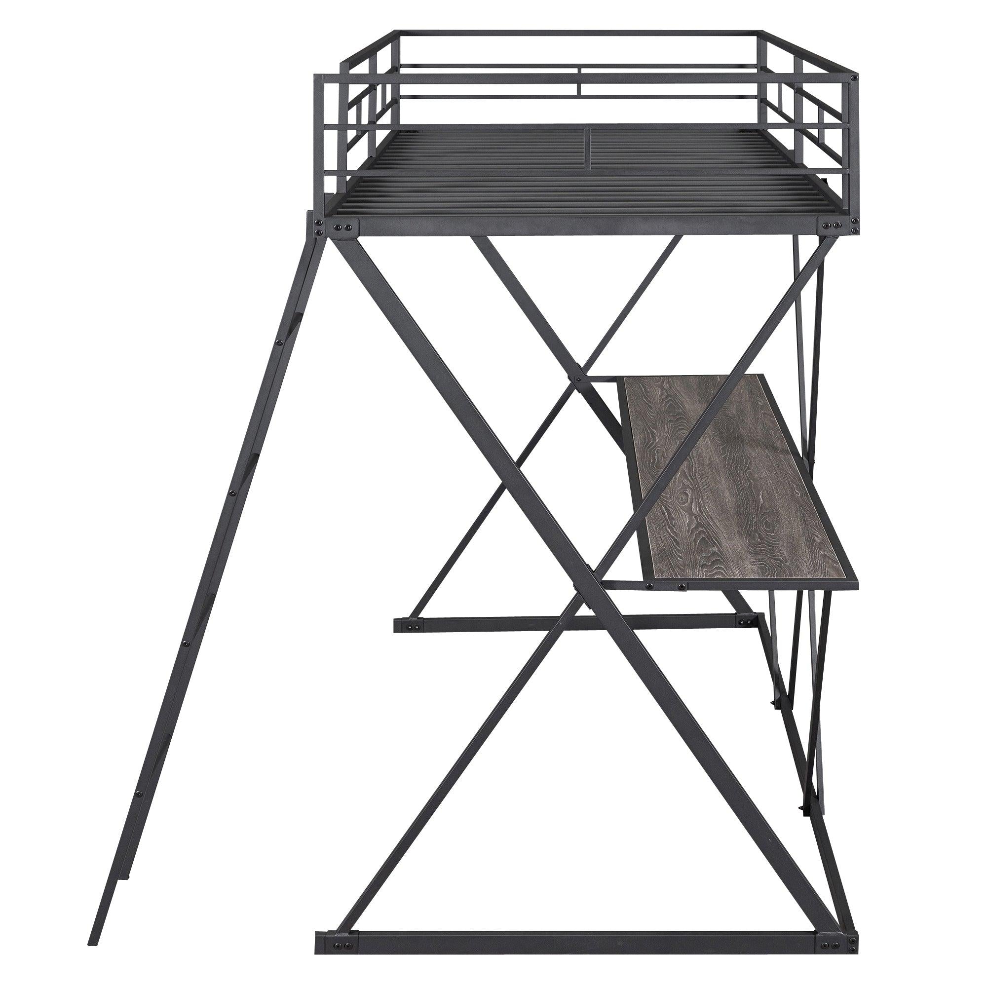 Twin Size Loft Bed with Desk, Ladder and Full-Length Guardrails, X-Shaped Frame, Black+B70608