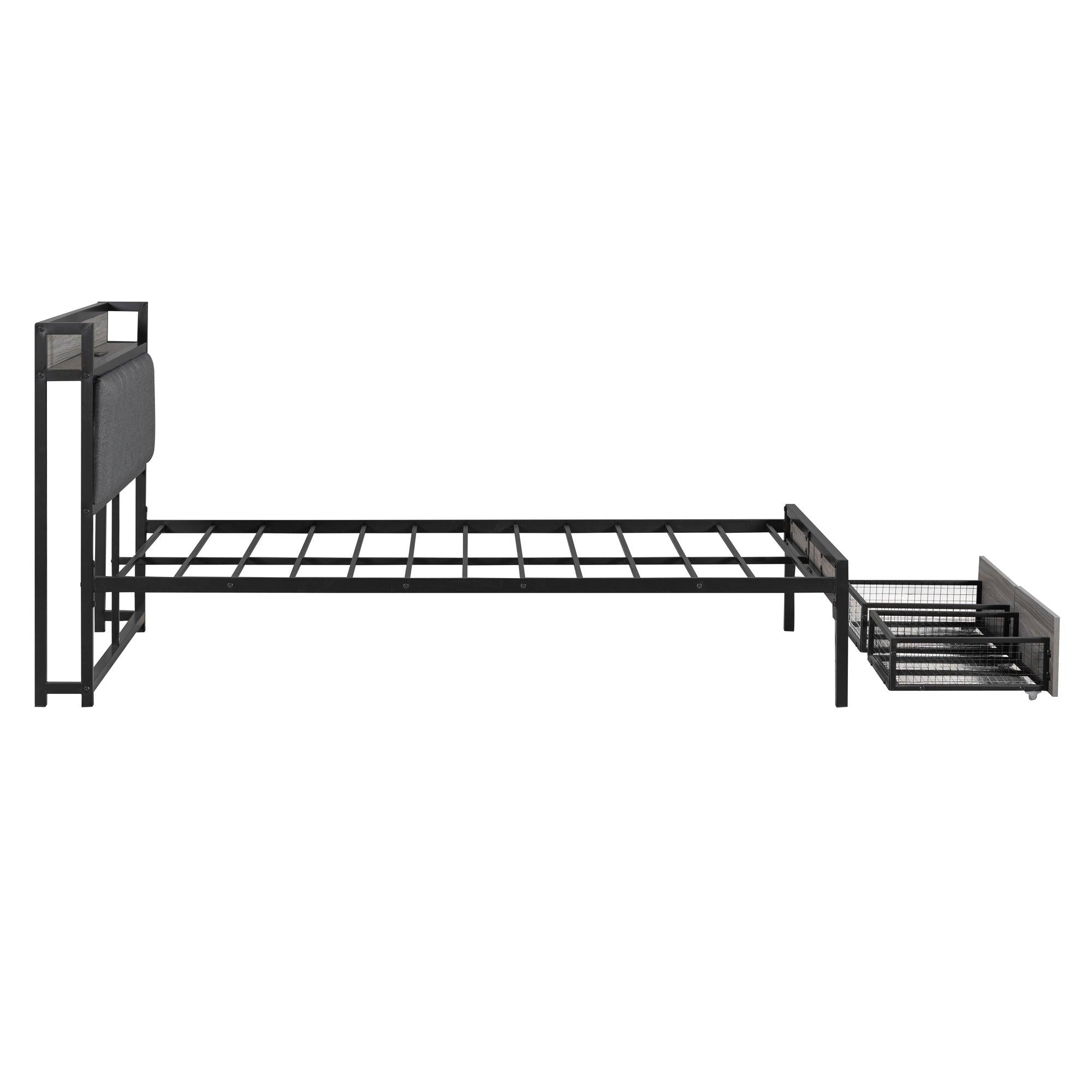 Full Size Metal Platform Bed Frame with 2 drawers, Upholstered headboard ，Sockets, USB Ports and Slat Support ,No Box Spring Needed，Black