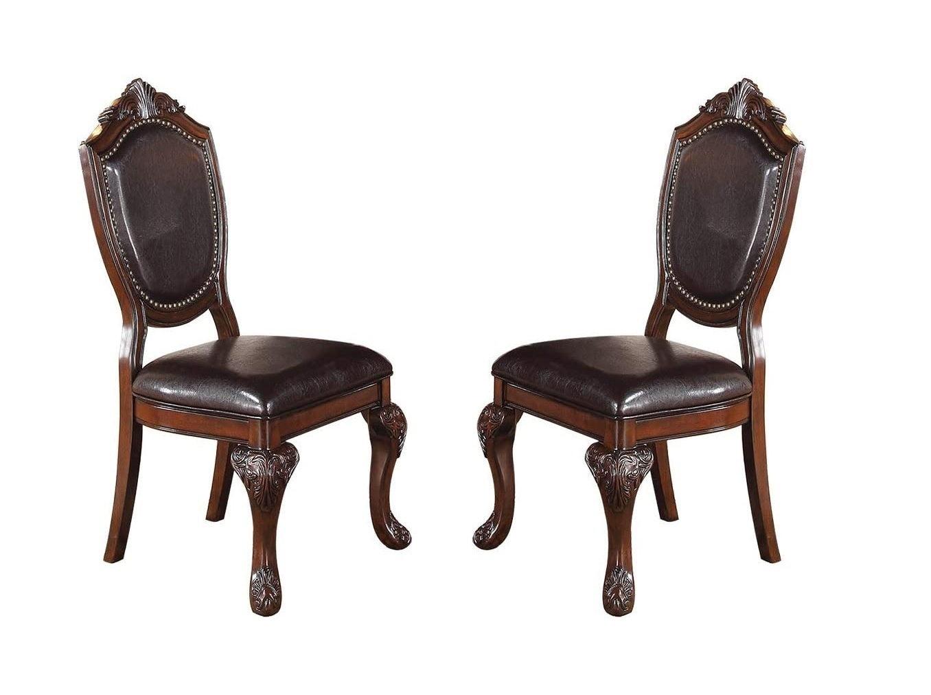 Royal Majestic Formal Set of 2 Side Chairs Brown Color Rubberwood Dining Room Furniture Intricate Design Faux Leather Upholstered Seat