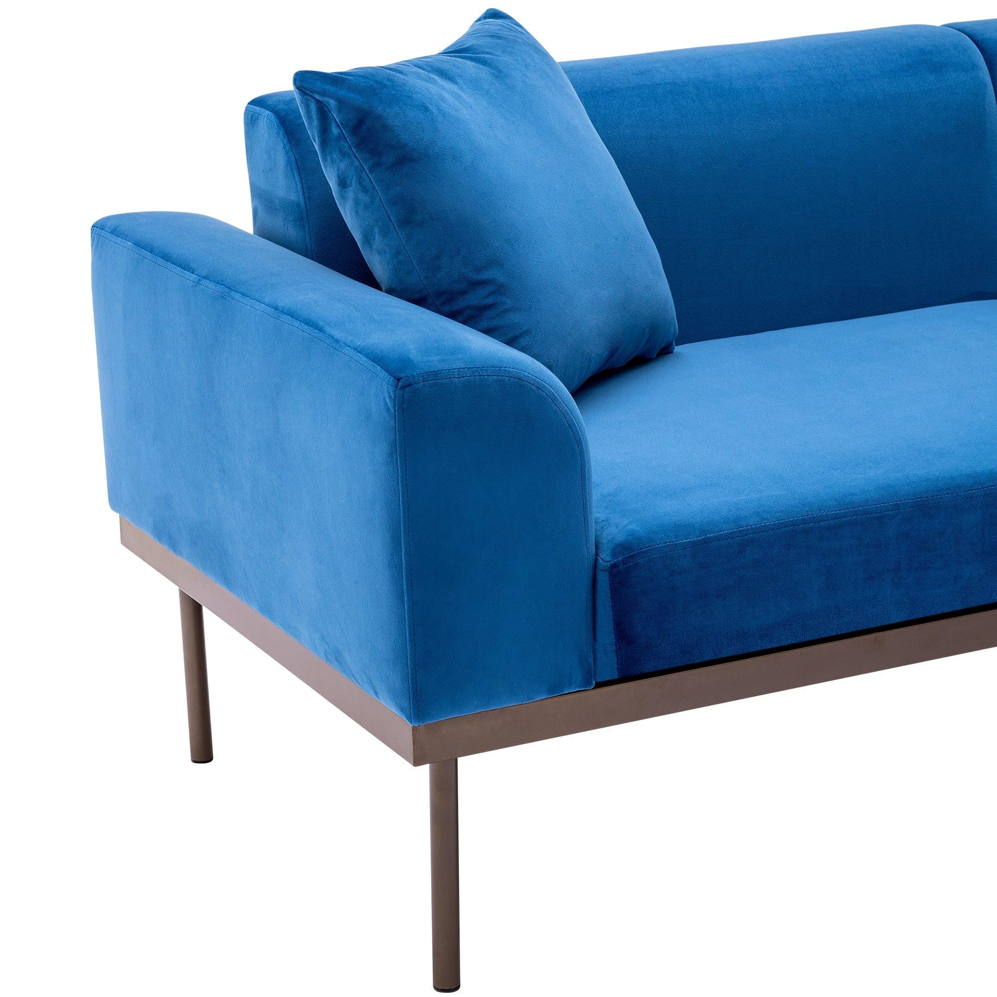 Modern Velvet Sofa with Metal Legs,Loveseat Sofa Couch with Two Pillows for Living Room and Bedroom,Blue