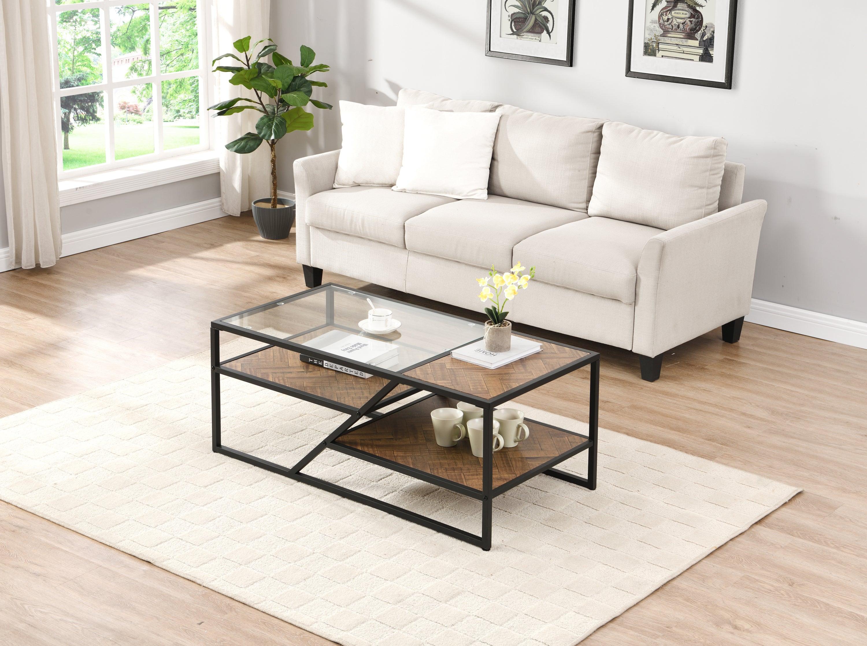 Black Coffee Table withStorage Shelf, Tempered Glass Coffee Table with Metal Frame for Living Room&Bedroom