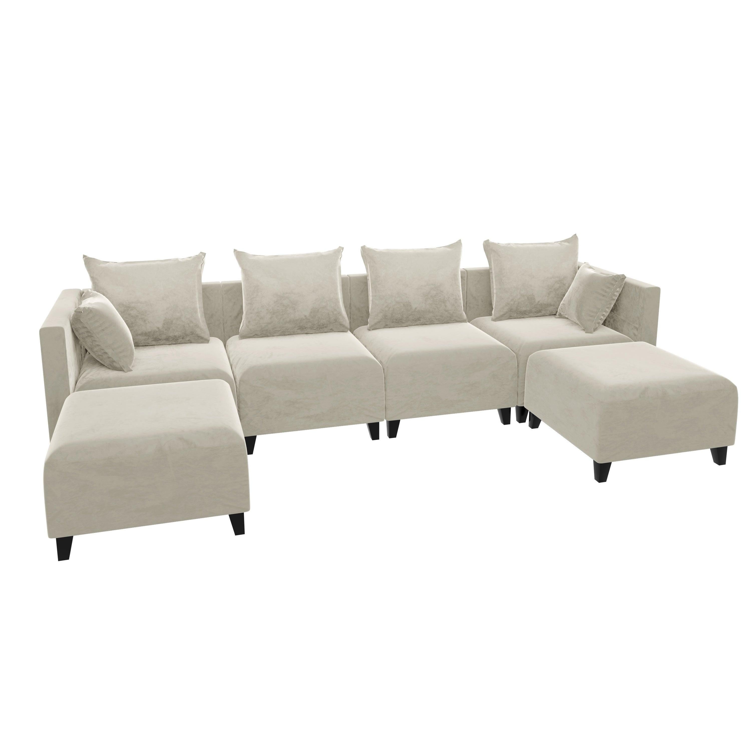 Sectional Sofa U shape Velvet Square Arm Sofa with 6 Pillows for Living Room, Beige with Black Foot image