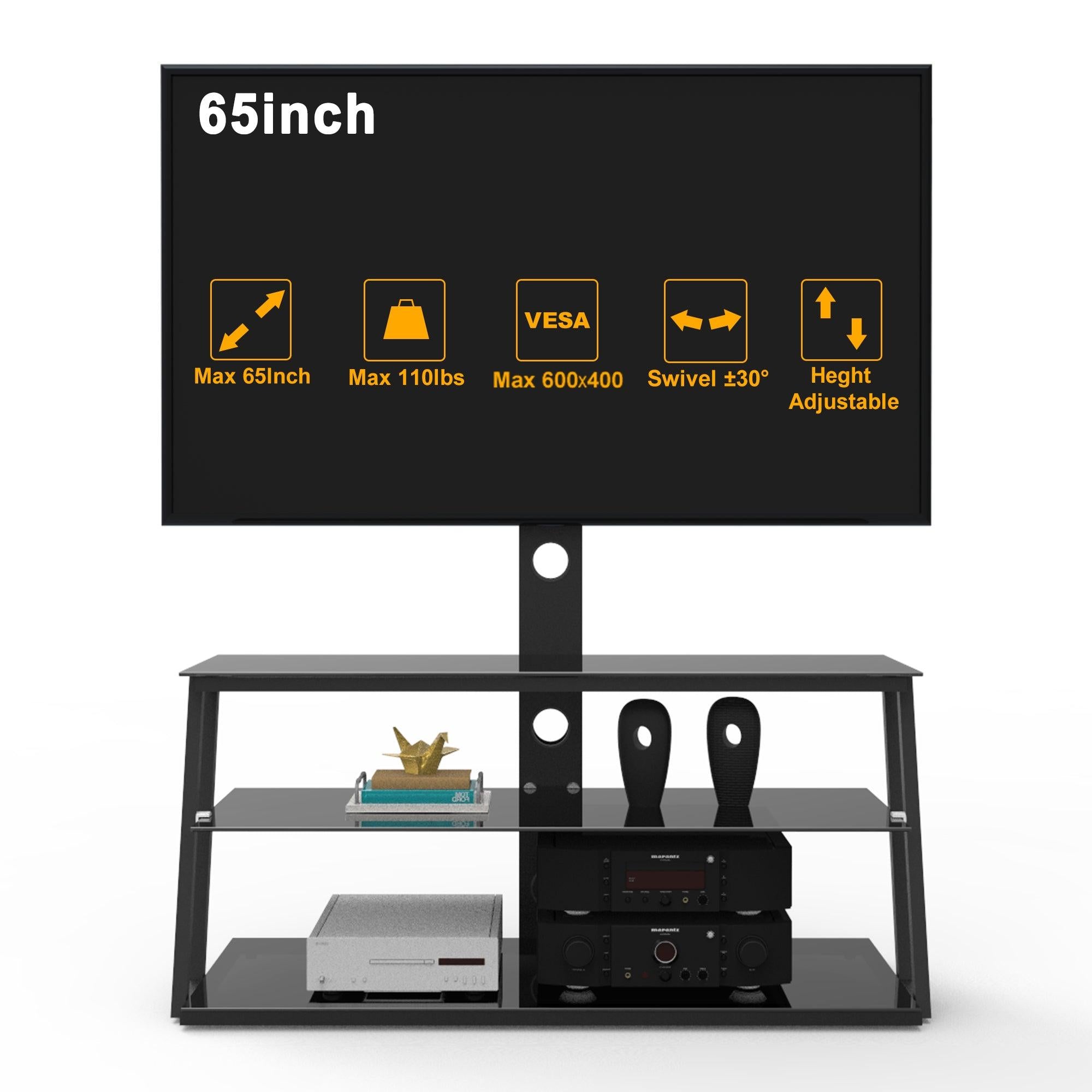 Black Multi-Function Angle And Height Adjustable Tempered Glass  TV Stand