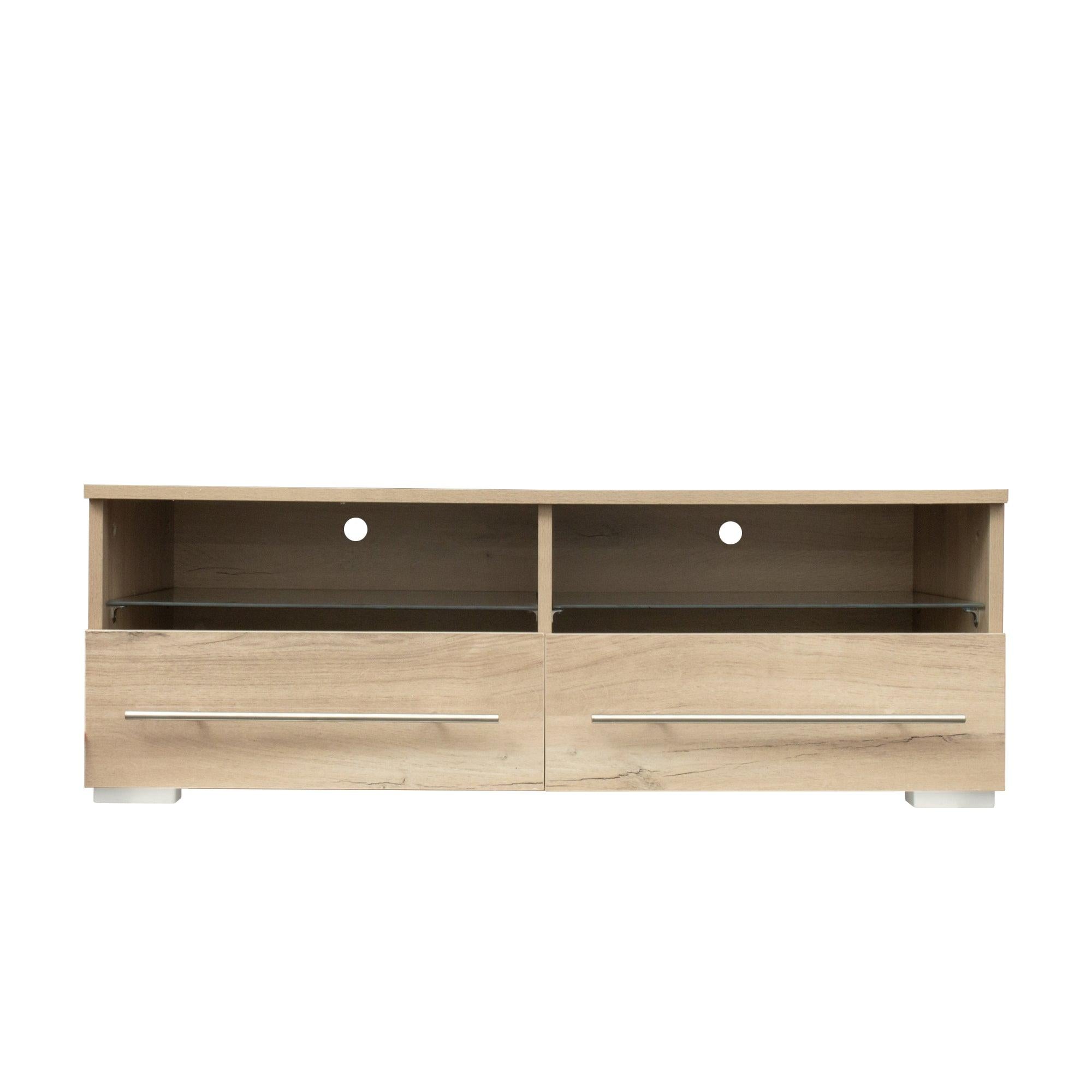 The  TV cabinet has two drawers with color-changing light strips, Rustic Oak