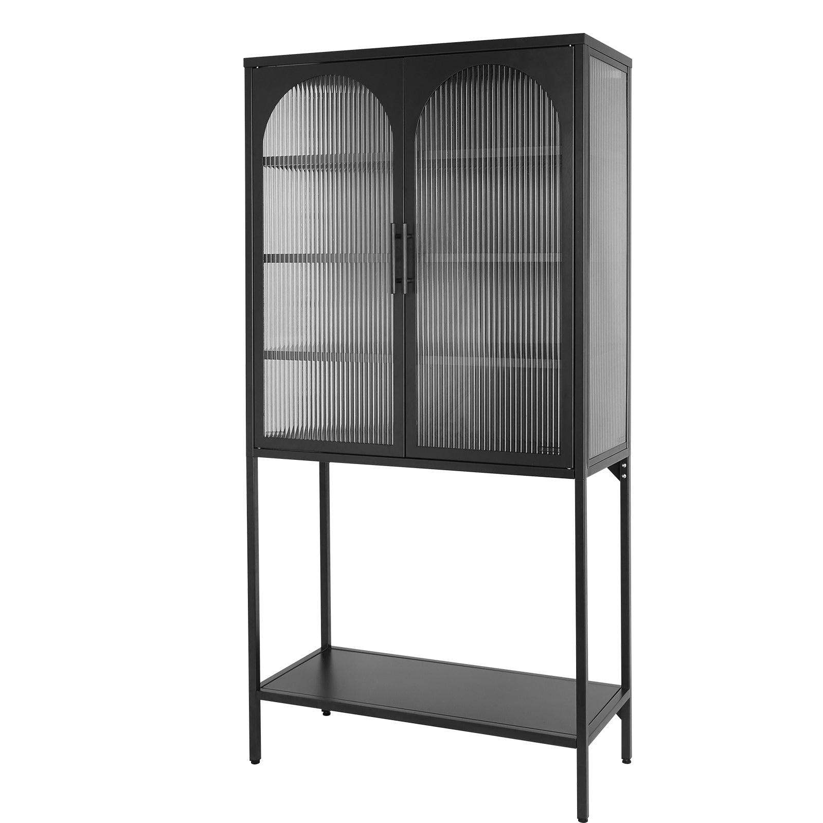 Stylish Tempered Glass TallStorage Cabinet with 2 Arched Doors Adjustable Shelves and open bottom shelf ,Feet Anti-Tip Dust-free Fluted Glass Kitchen Credenza Black Color