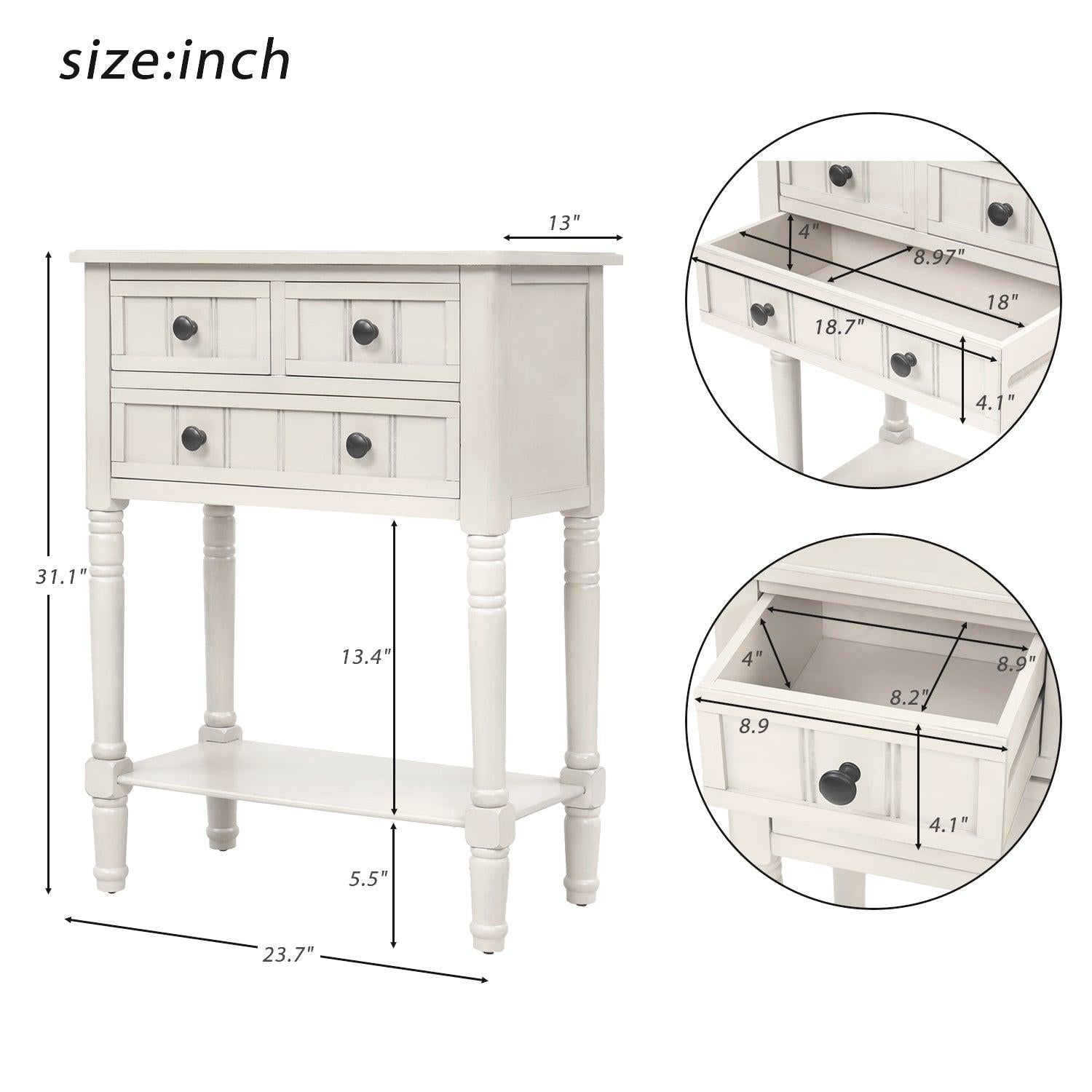 Narrow Console Table, Slim Sofa Table with ThreeStorage Drawers and Bottom Shelf (Ivory White)