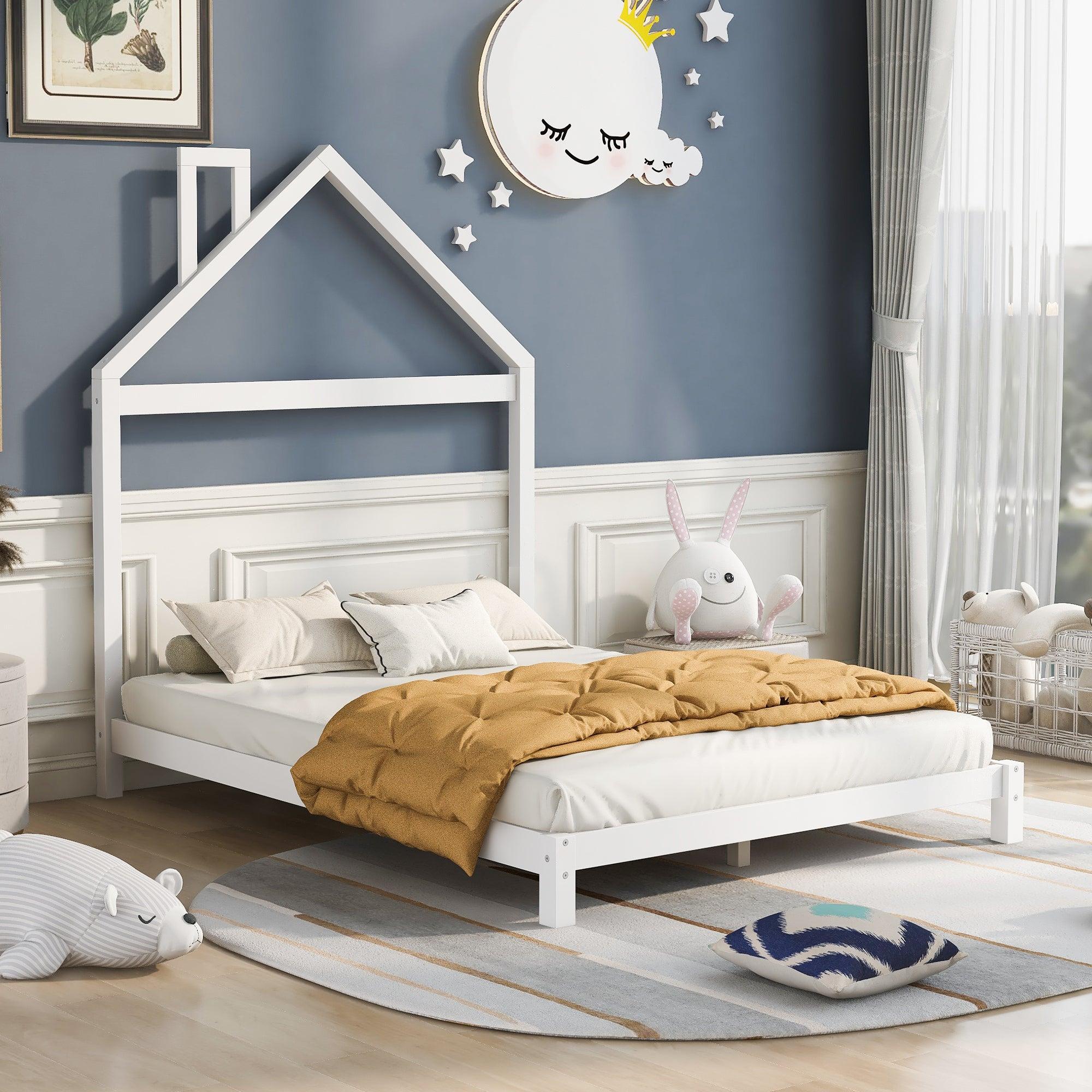 Full Size Wood Platform Bed with House-shaped Headboard  (White) image