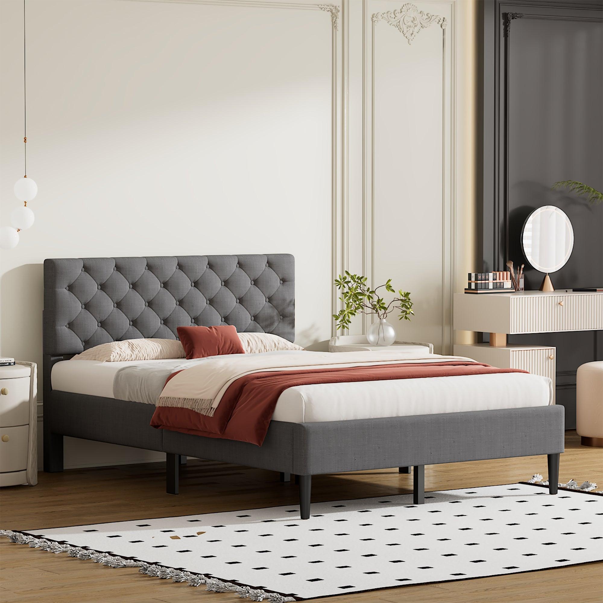 Upholstered Linen Platform Bed, Full Size, Gray image