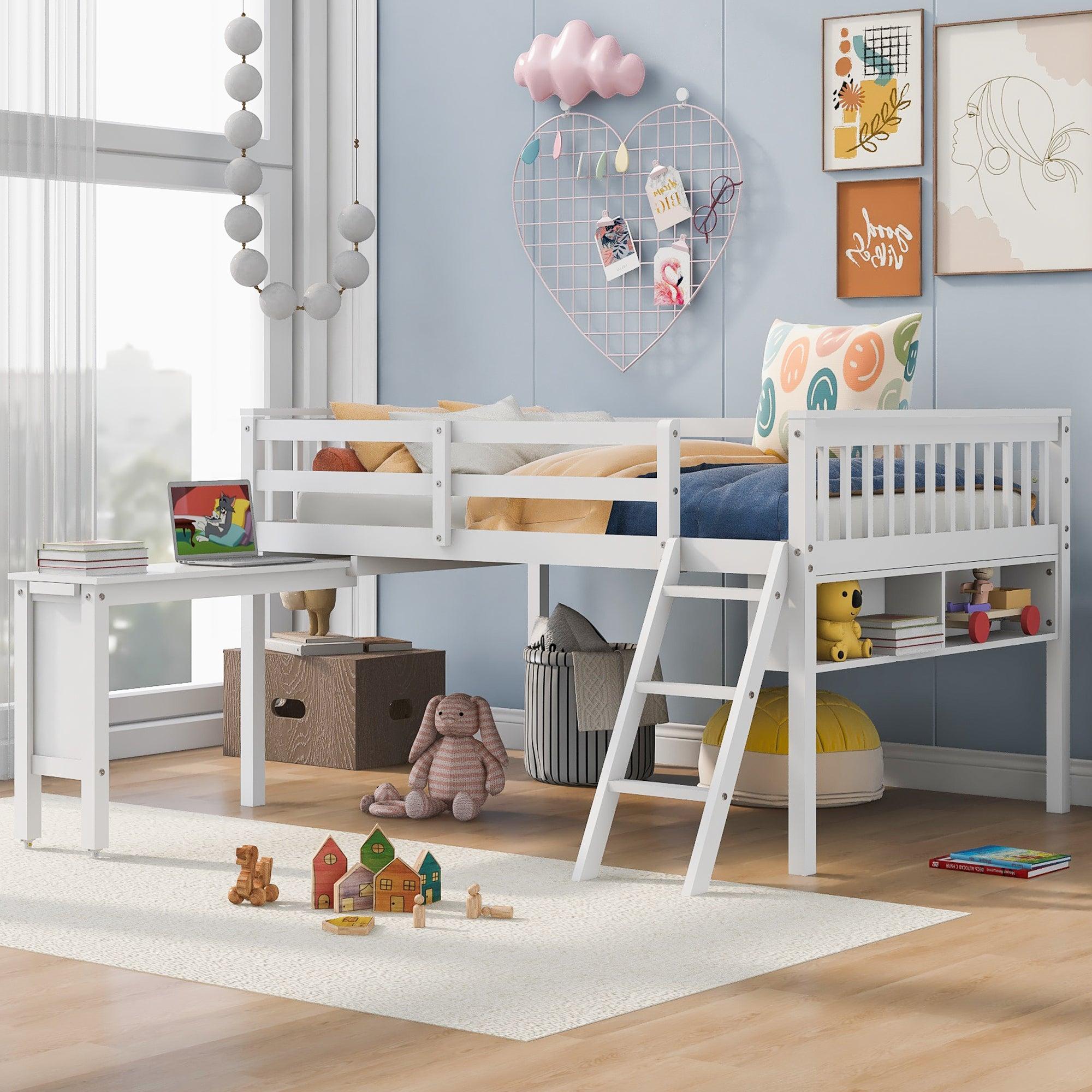 Full Size Loft Bed With Removable Desk and Cabinet, White image