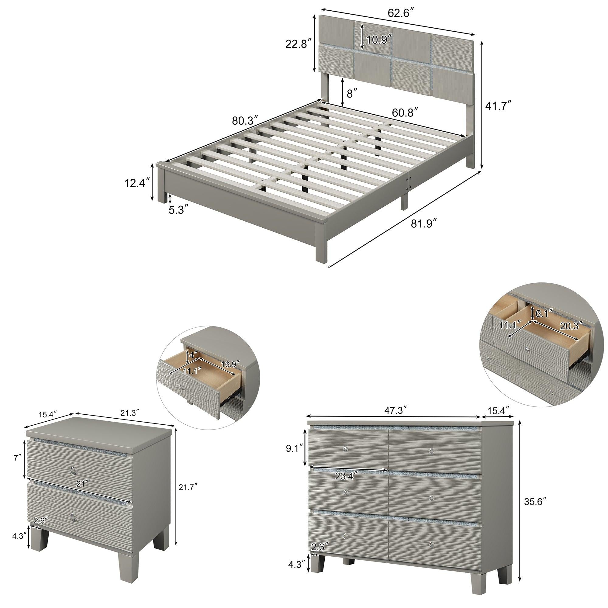 3 pieces Champagne Silver Bedroom Sets Queen Bed + Nightstand +Dresser