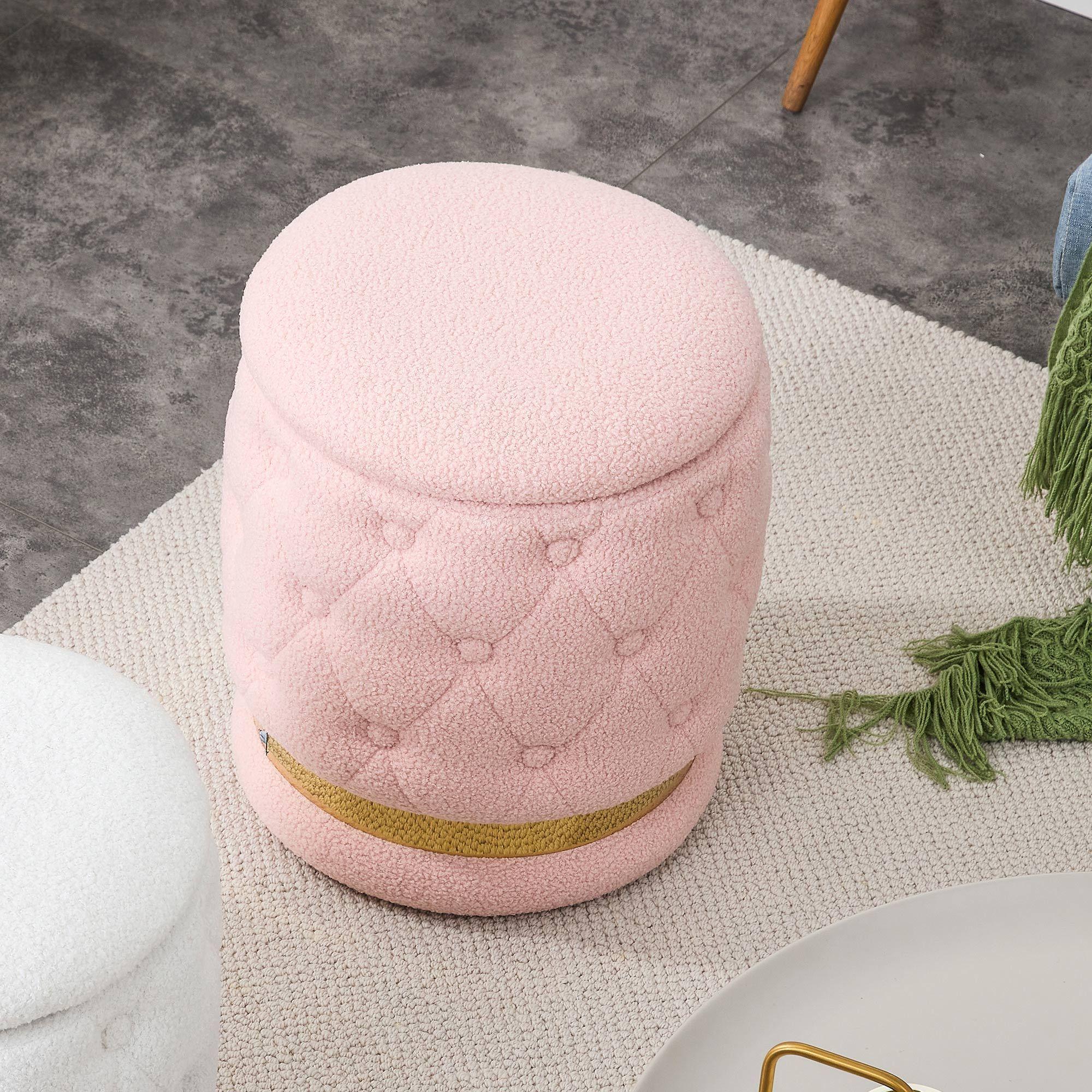 Chair Pink Round-shape Teddy velvet Makeup Stool Footstool, chair withStorage space .Applicable to living room dresser kitchen bedroom dining room