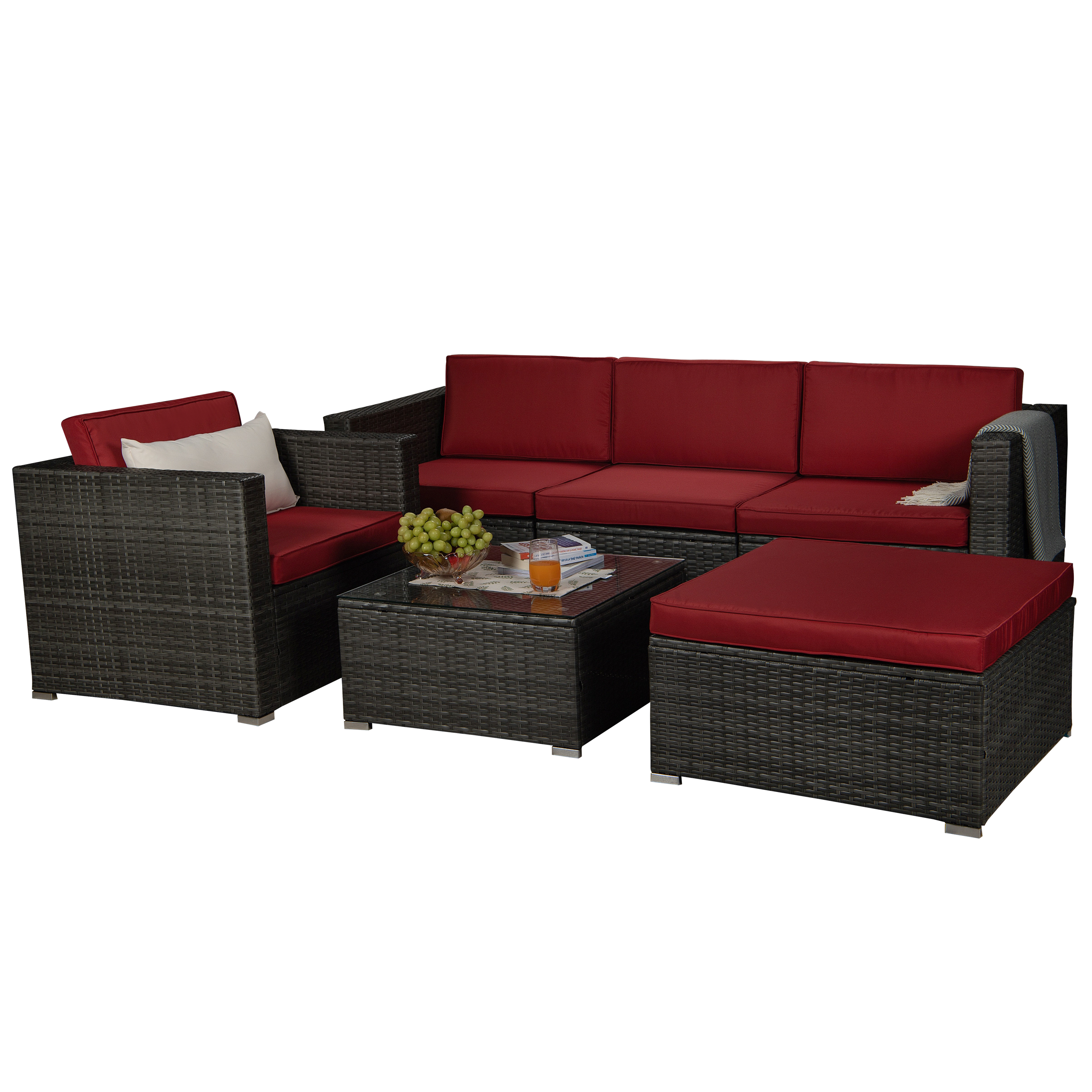 Outdoor Garden Patio Furniture 6-Piece Gray PE Rattan Wicker Sectional Red Cushioned Sofa Sets with 1 Beige Pillow