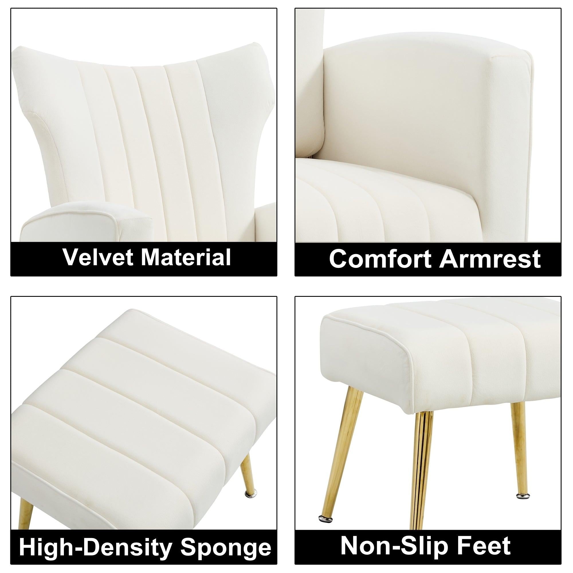 Modern Velvet Accent Chair with Arms, Wingback Reading Chair with Gold Metal Legs, Comfy Upholstered Single Leisure Sofa for Living Room Bedroom Club(Velvet+White)