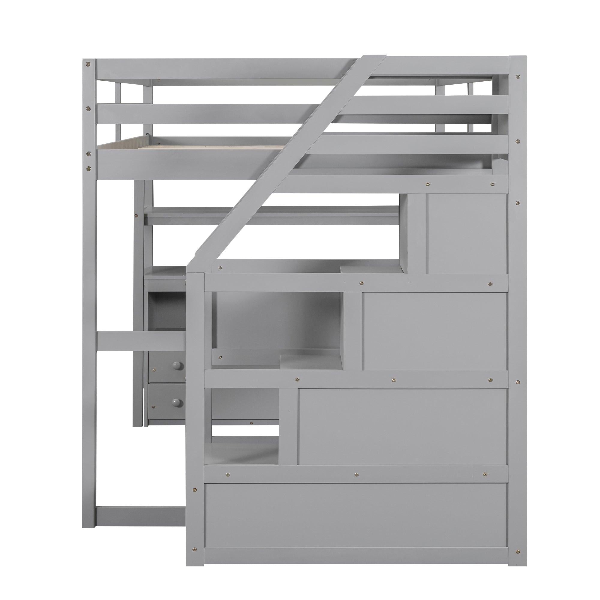 Full Size Loft Bed with Desk and Shelves, Two Built-in Drawers,Storage Staircase, Gray