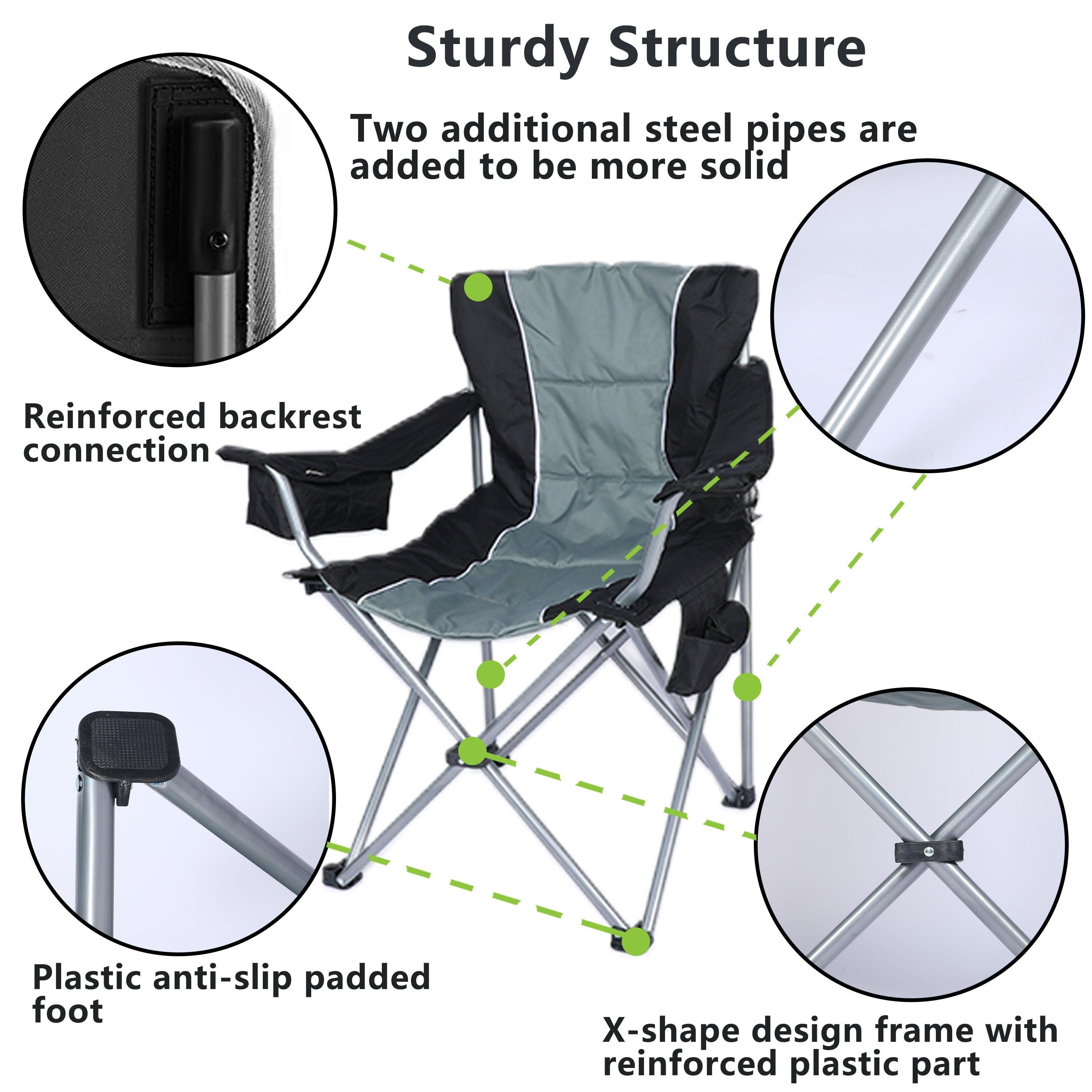 Oversized Camping Folding Chair with Cup Holder, Side Cooler Bag, Heavy Duty Steel Frame Fully P Added Quad Armchair for Outdoors, 1-Pack, Grey