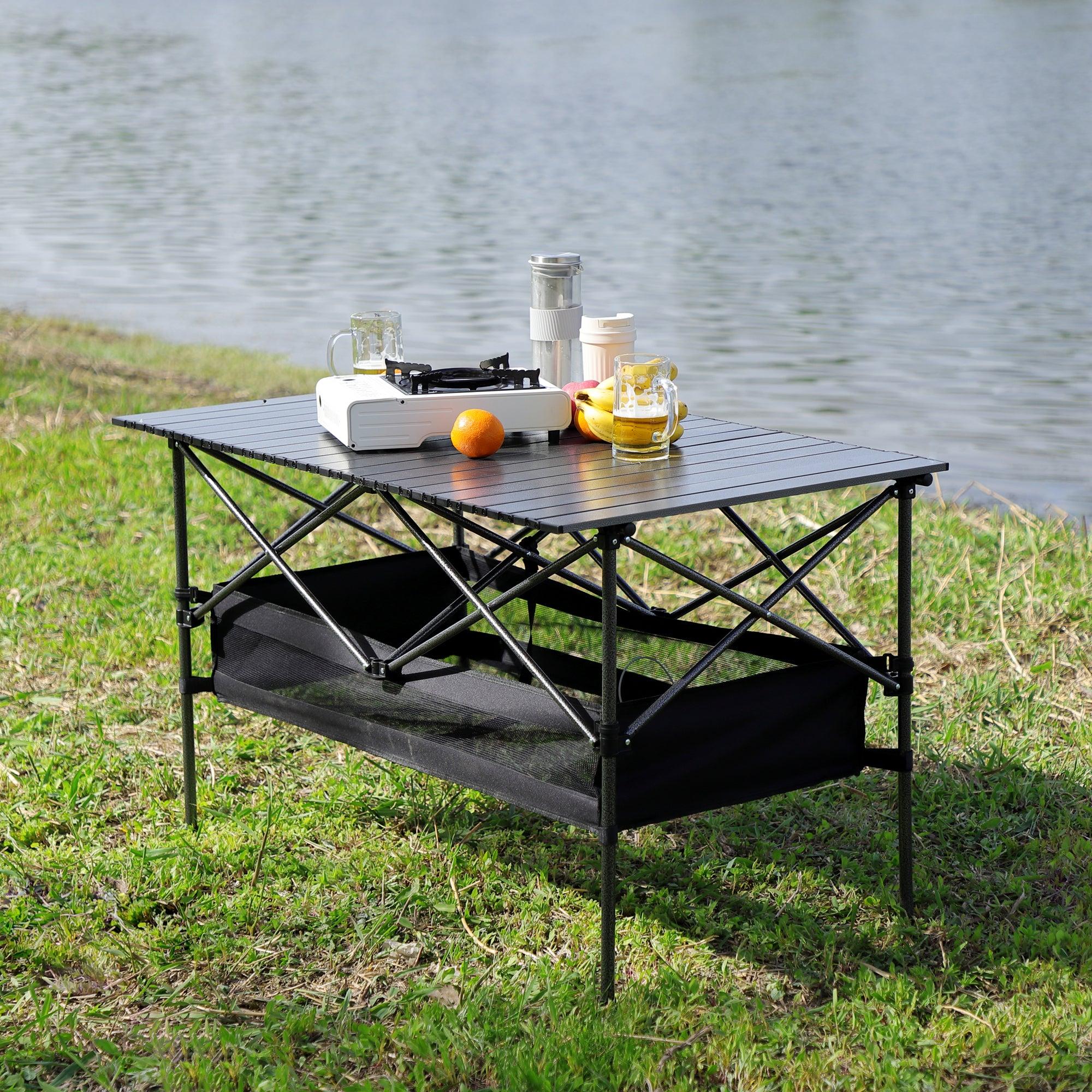 1-piece Folding Outdoor Table with Carrying Bag,Lightweight Aluminum Roll-up Rectangular Table for indoor, Outdoor Camping, Picnics,Beach,Backyard, BBQ, Party, Patio, 46.46X27.56X27.56in ,Black image