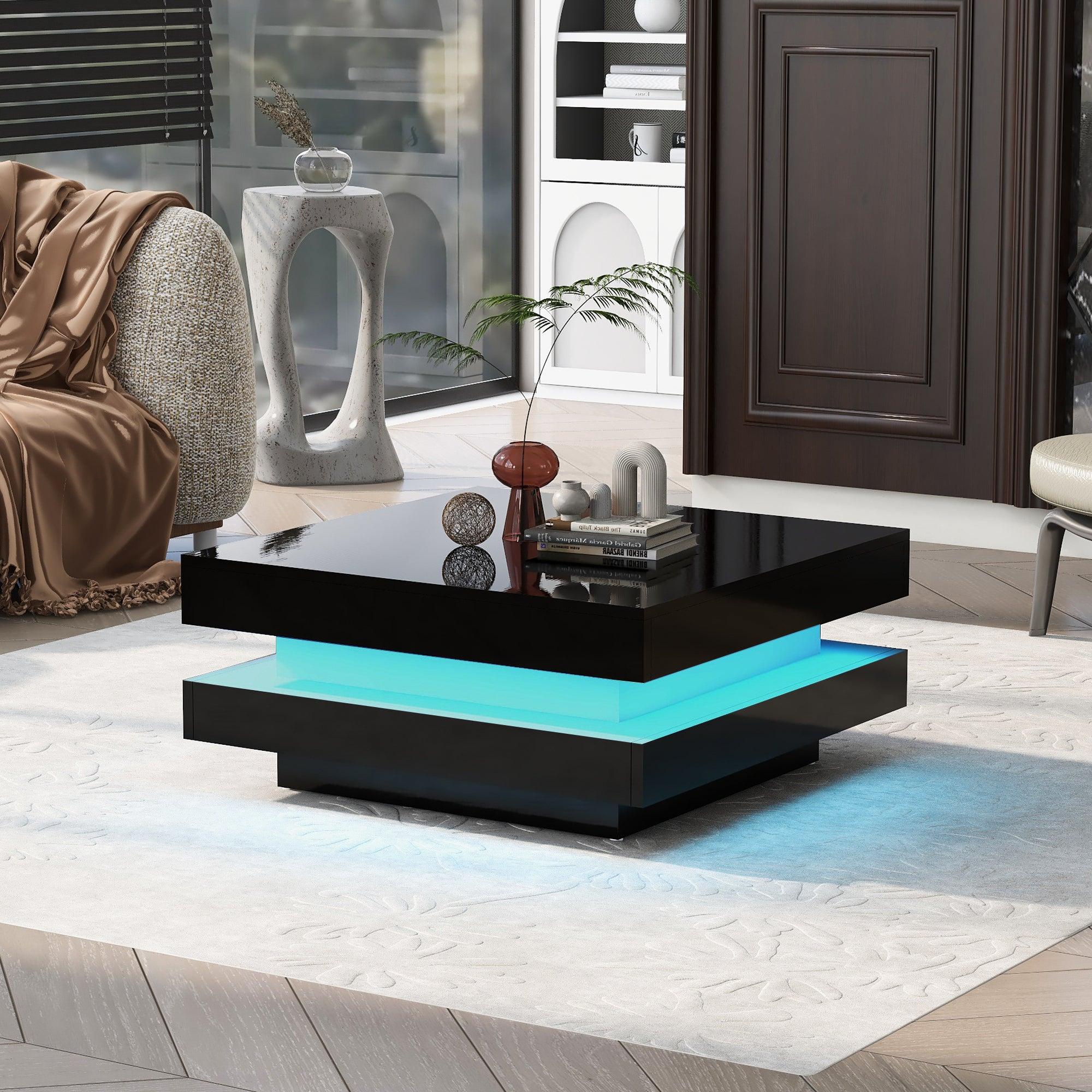 High Gloss Minimalist Design with plug-in 16-color LED Lights, 2-Tier Square Coffee Table, Center Table for Living Room, 31.5”x31.5”x14.2”,Black