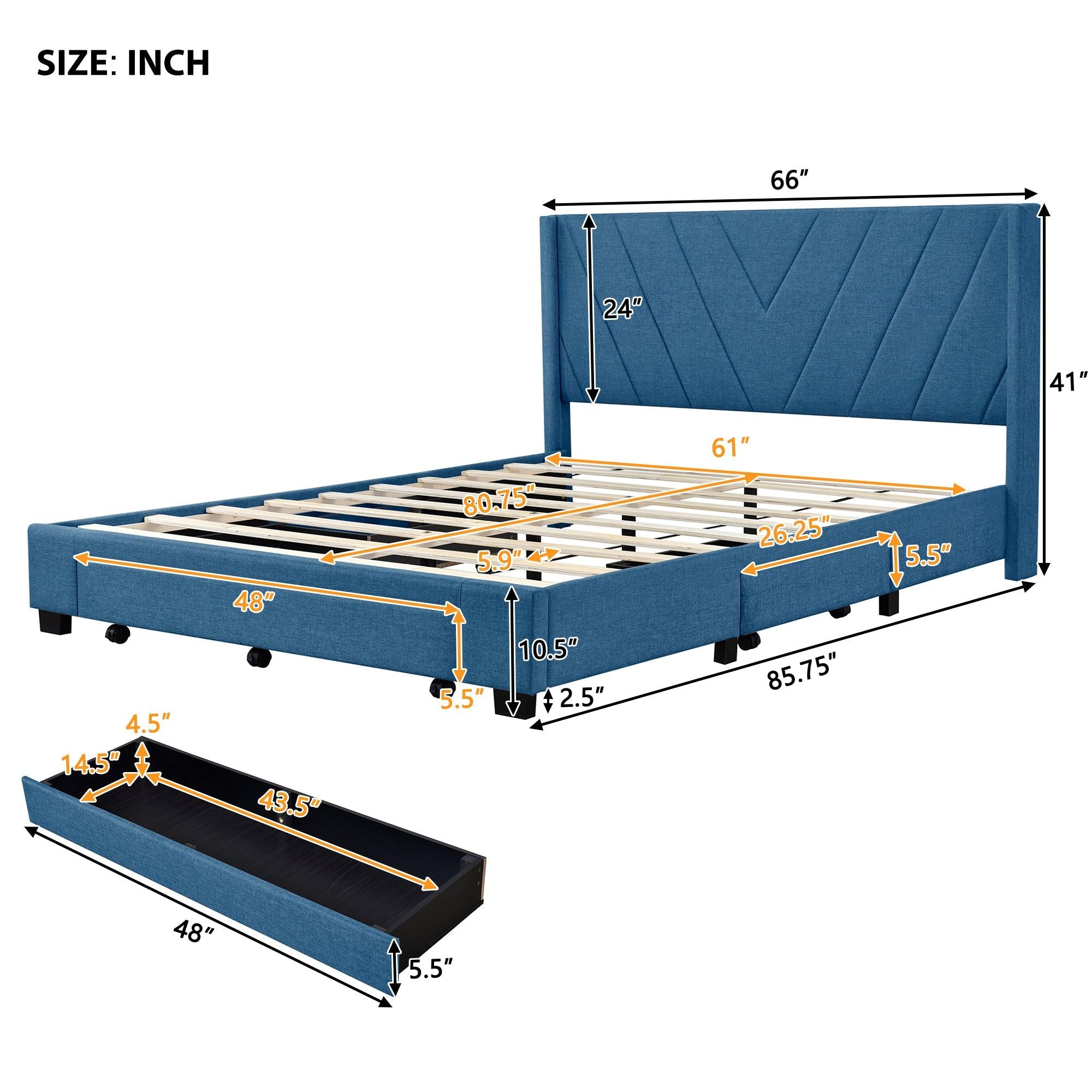 Queen SizeStorage Bed Linen Upholstered Platform Bed with 3 Drawers (Blue)