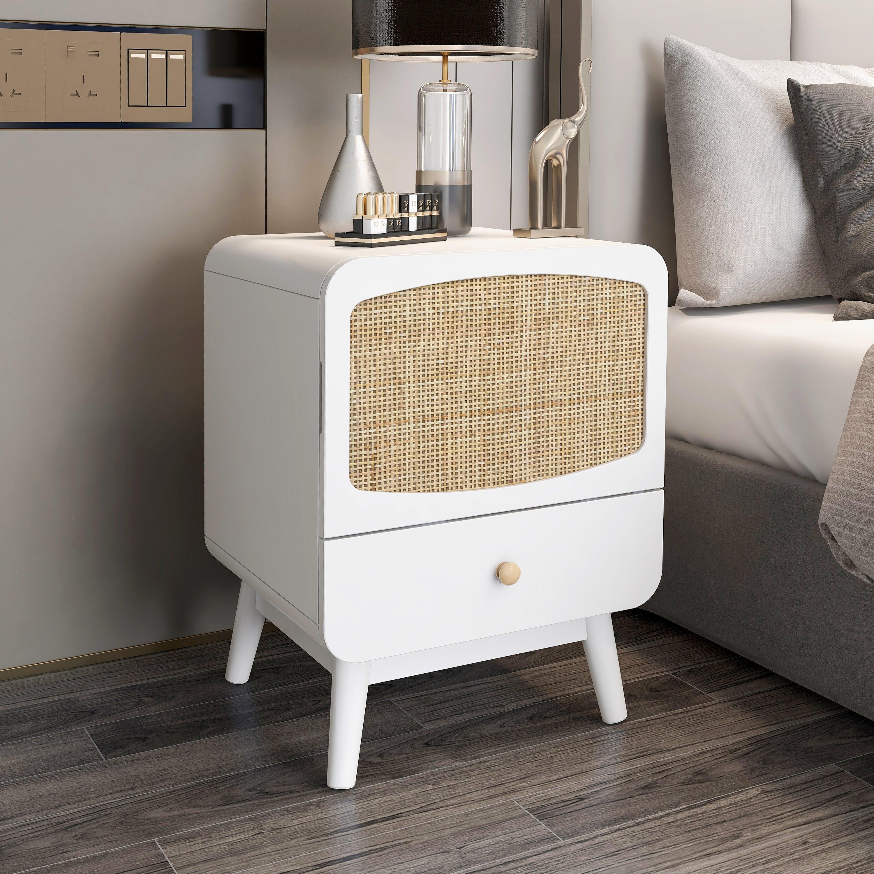 White Nightstand,  Bedside Table withStorage Drawe/ Rattan Door