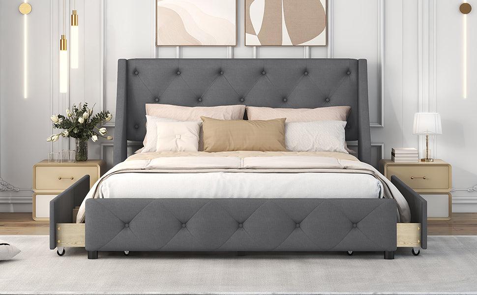 Upholstered Platform Bed with Wingback Tufted Headboard and 4 Drawers, No Box Spring Needed, Linen Fabric, Queen Size Gray