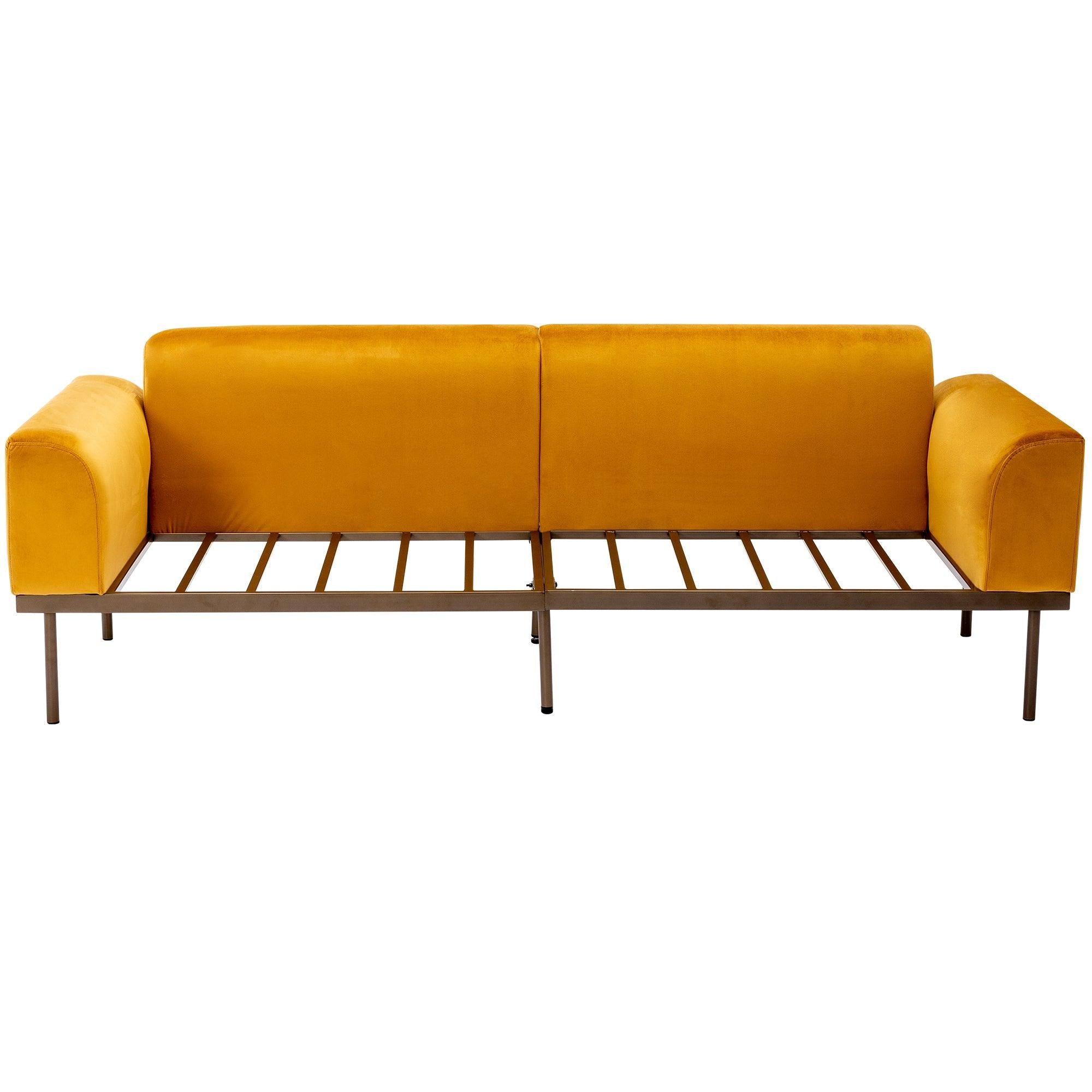 Modern Velvet Sofa with Metal Legs,Loveseat Sofa Couch with Two Pillows for Living Room and Bedroom, Mustard