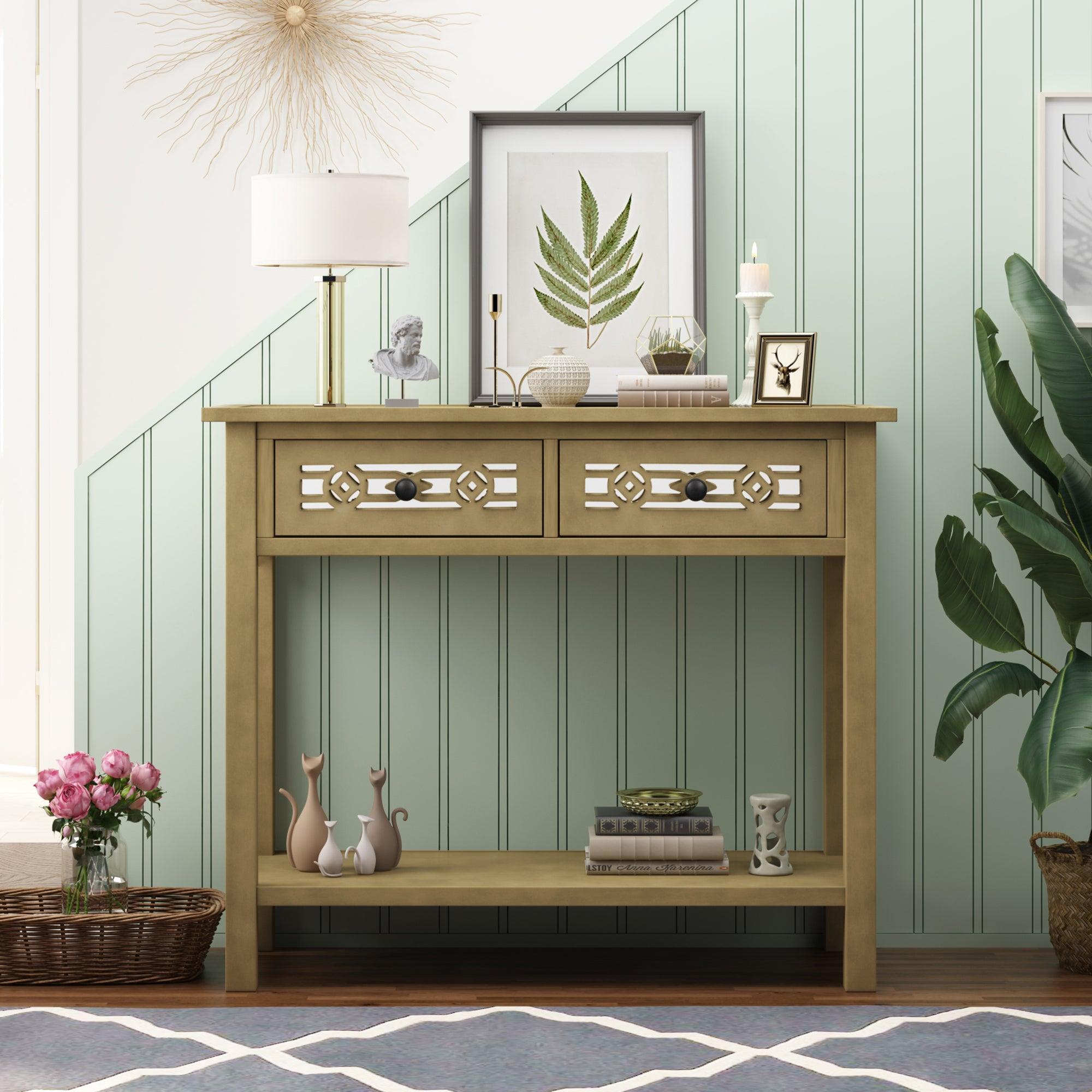 Classic Console Table with Hollow-out Decoration Two Top Drawers and Open Shelf LargeStorage Space (ld)