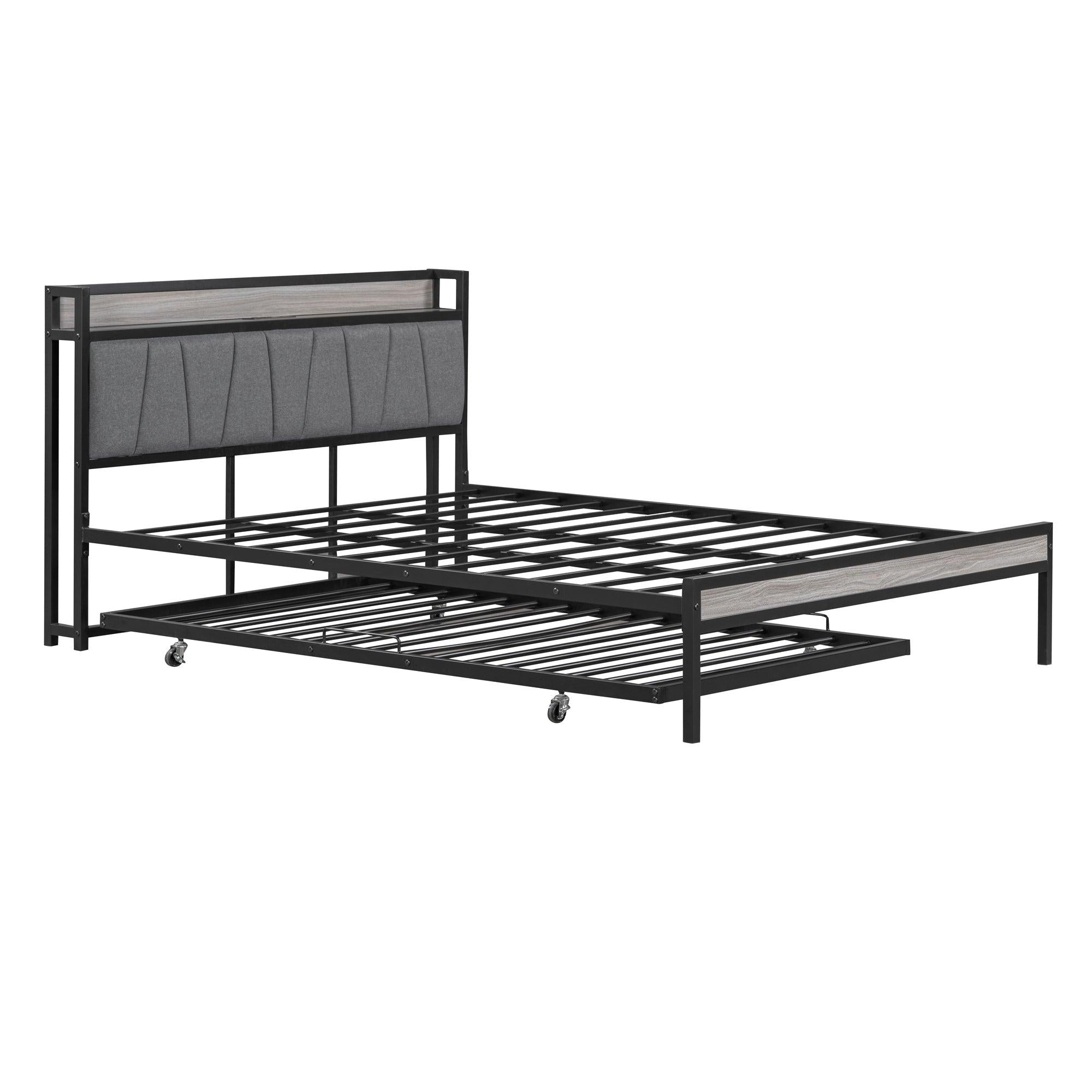 Queen Size Metal Platform Bed Frame with Twin size trundle, Upholstered headboard ，Sockets, USB Ports and Slat Support ,No Box Spring Needed，Black