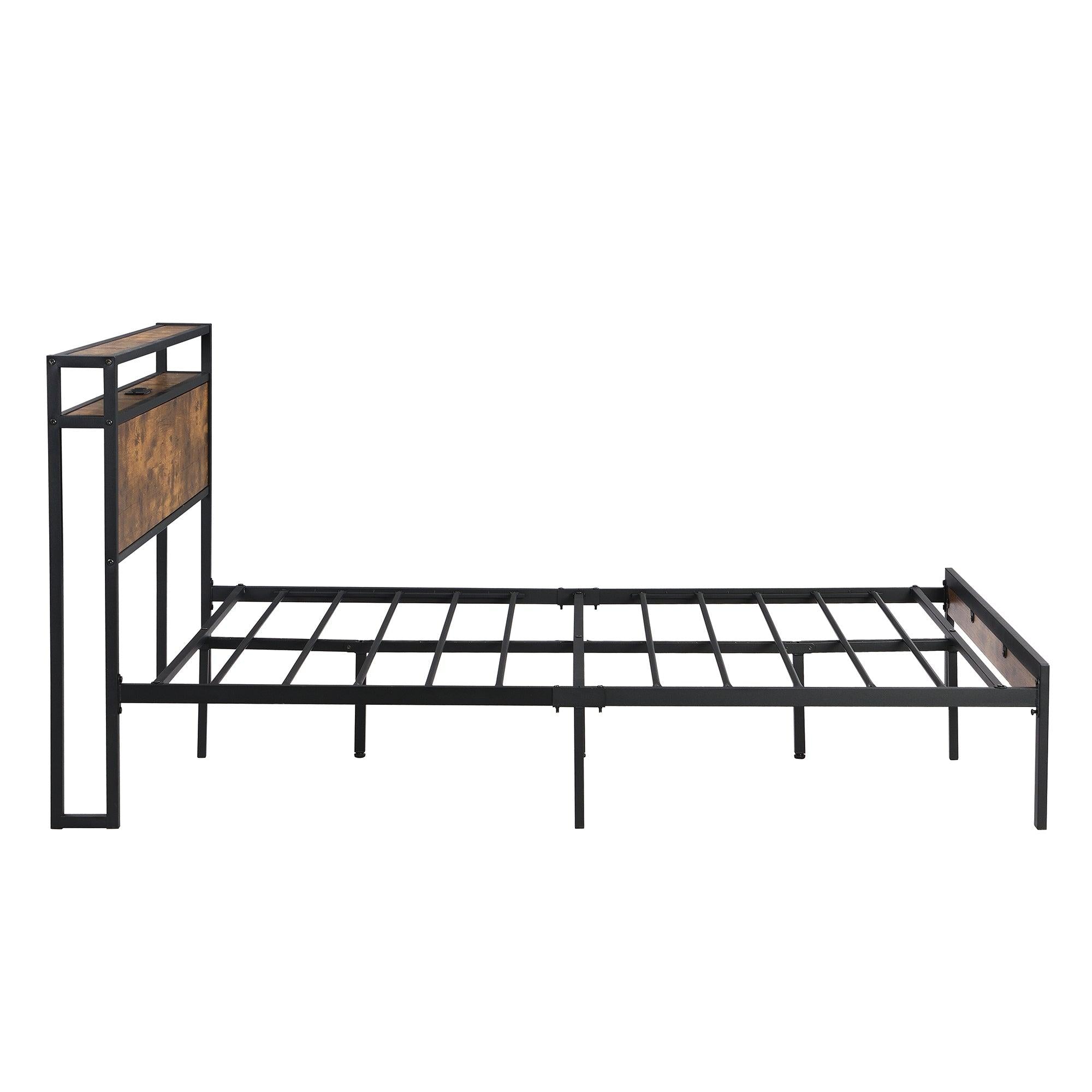 Full Size Metal Platform Bed Frame with Wooden Headboard and Footboard with USB LINER, No Box Spring Needed, Large Under BedStorage, Easy Assemble