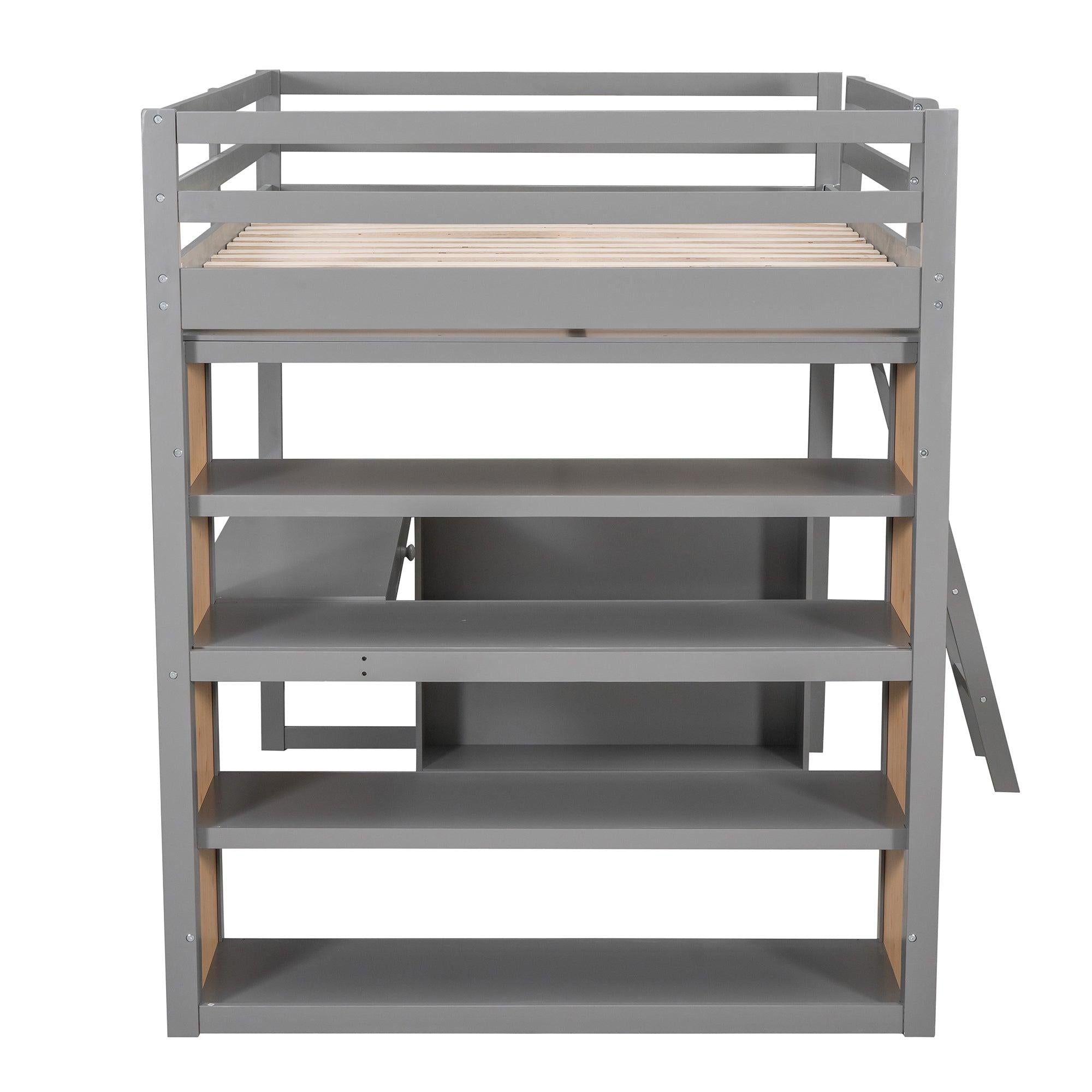 Full Size Loft Bed with Ladder, Shelves, and Desk, Gray