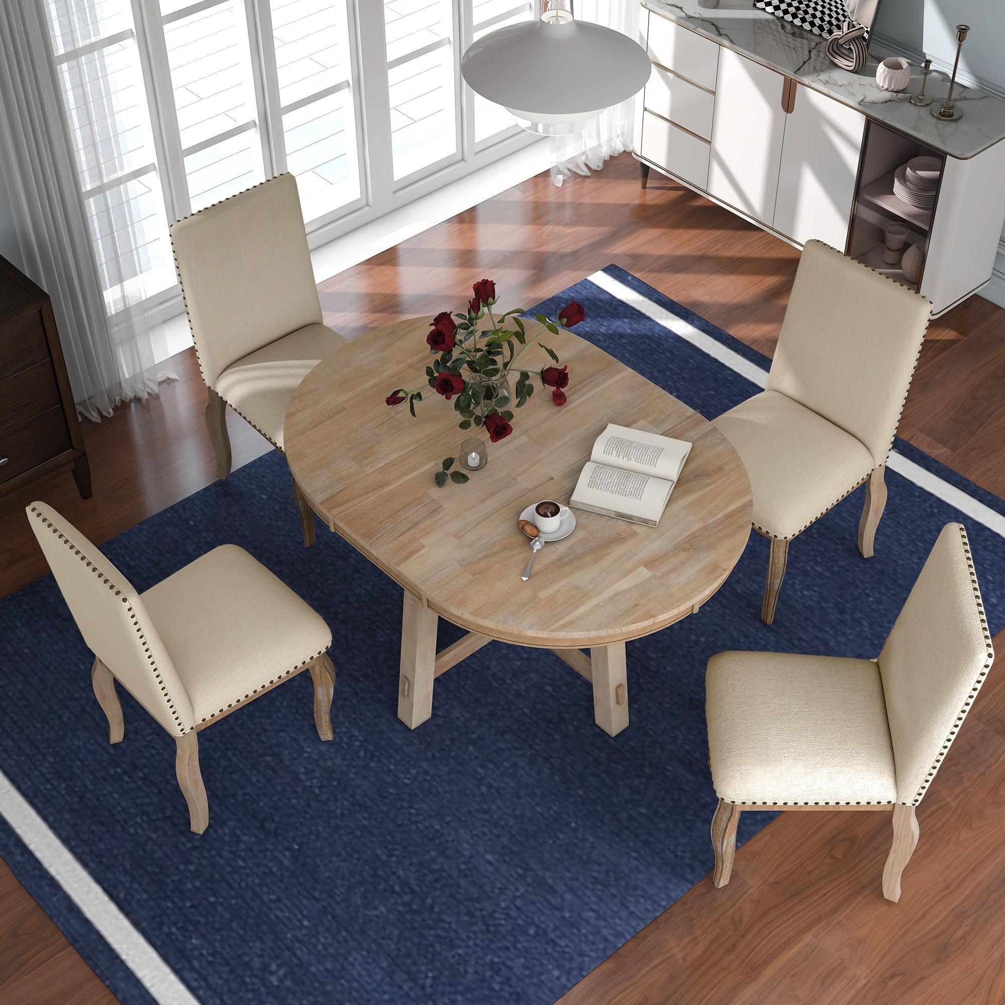 5-Piece Farmhouse Dining Table Set Wood Round Extendable Dining Table and 4 Upholstered Dining Chairs (Natural Wood Wash)