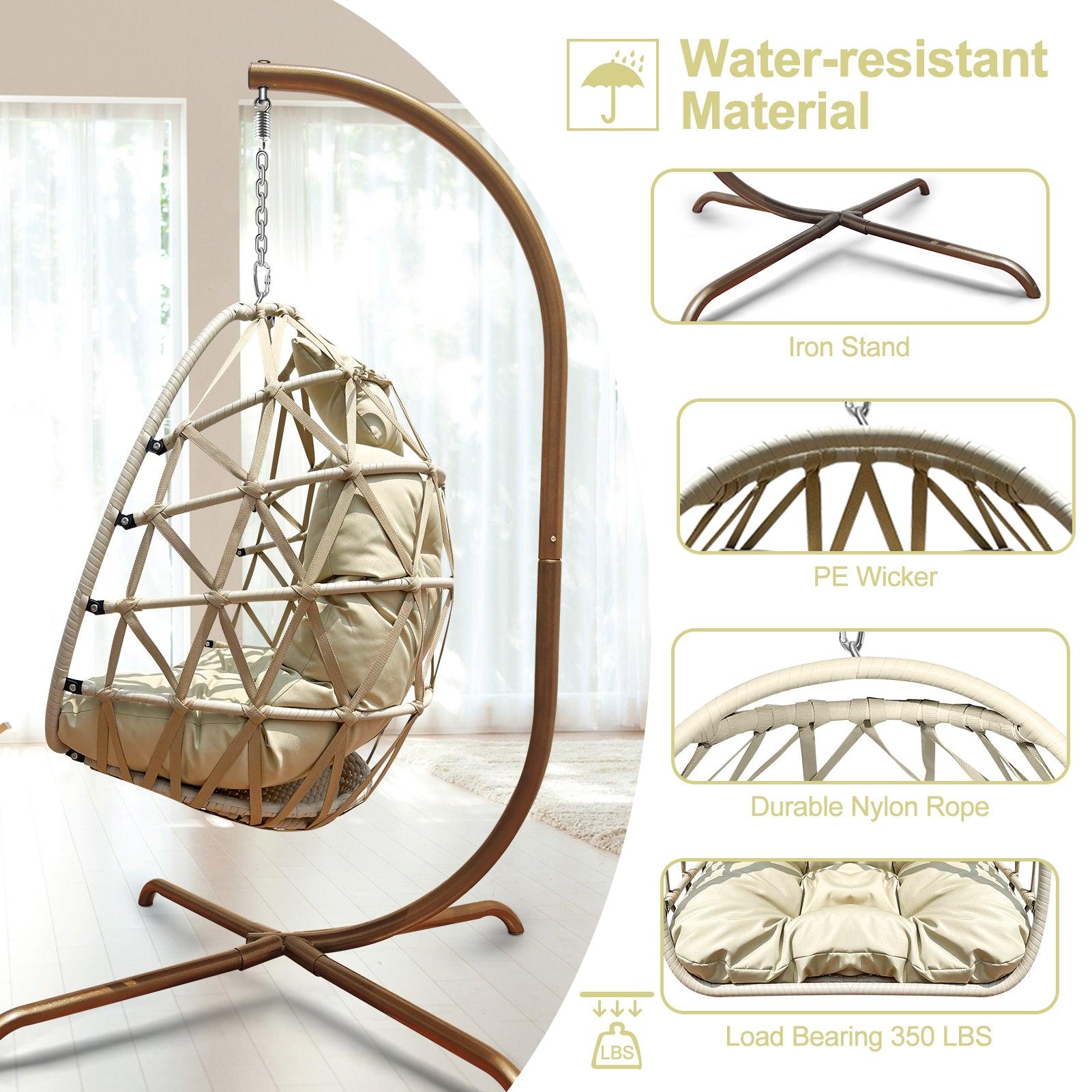 Swing Egg Chair with Stand Indoor Outdoor Wicker Rattan Patio Basket Hanging Chair with C Type bracket , with cushion and pillow,Patio Wicker folding Hanging Chair