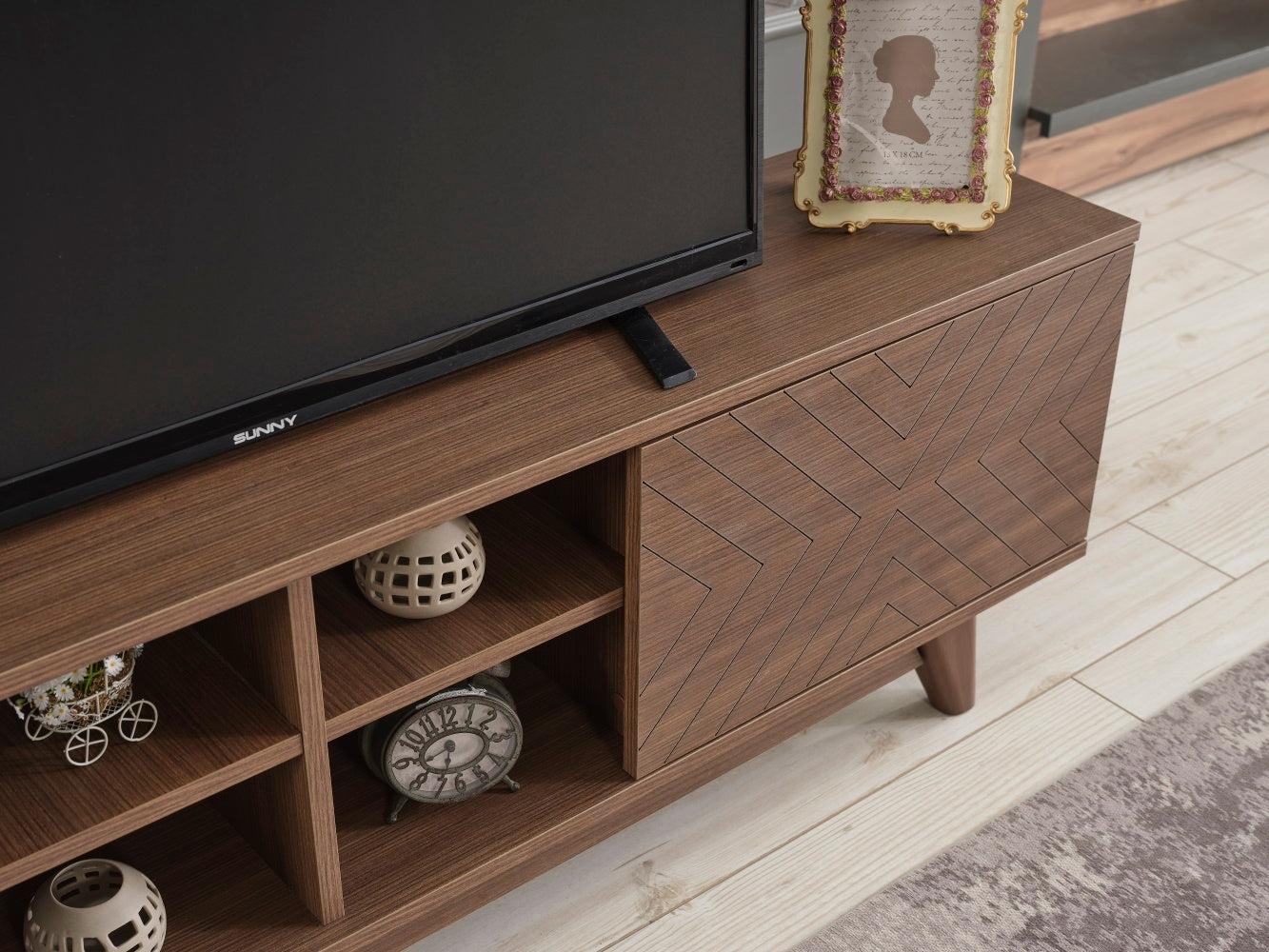 Lina Mid CenturyModern Tv Stand 2 Door Cabinet 4 Cubby Hole Shelves 67 inch Tv Unit, Walnut