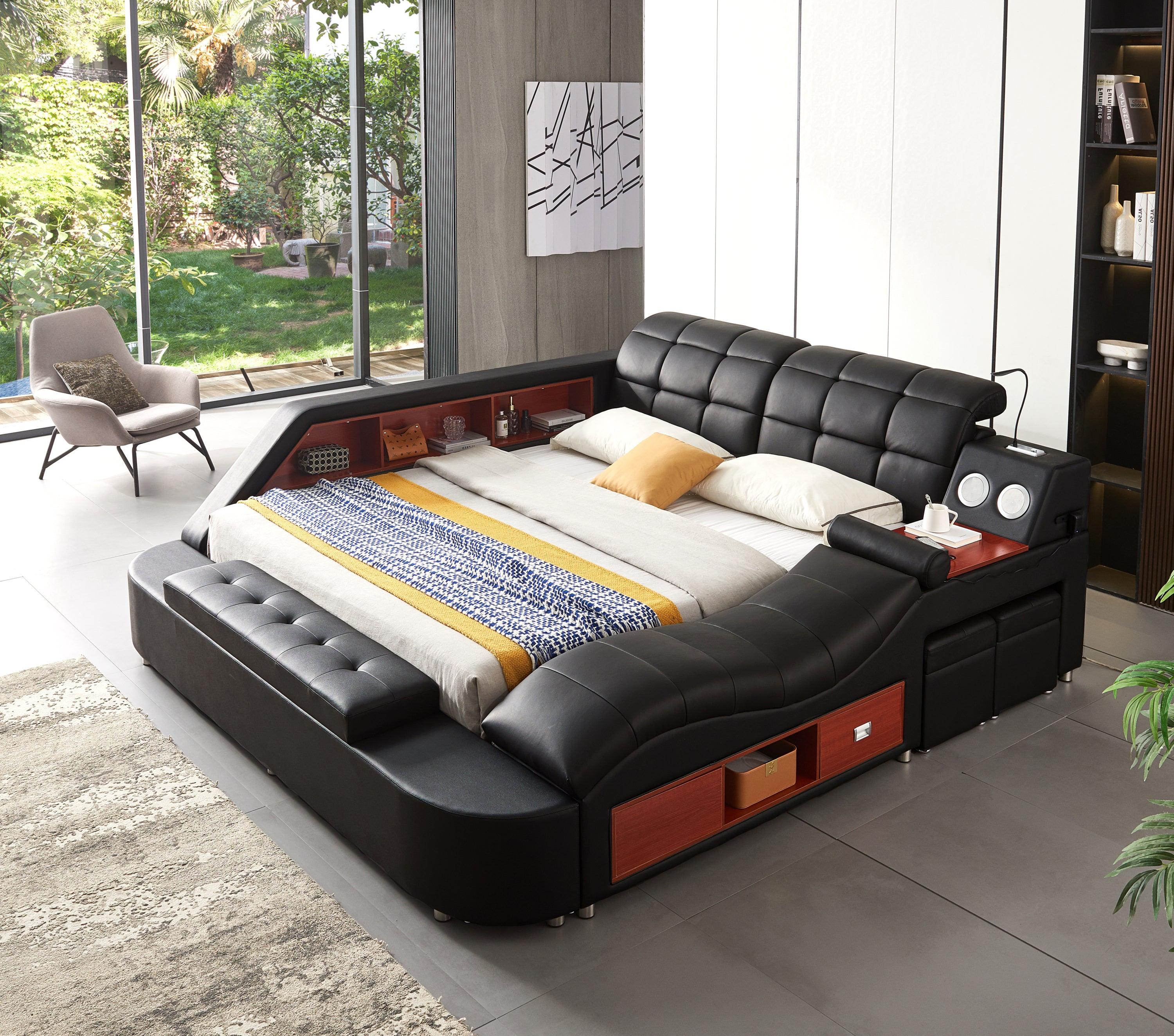 Multifunctional UpholsteredStorage Bed Frame, Massage Chaise Lounge on Right ,King Size, Black image