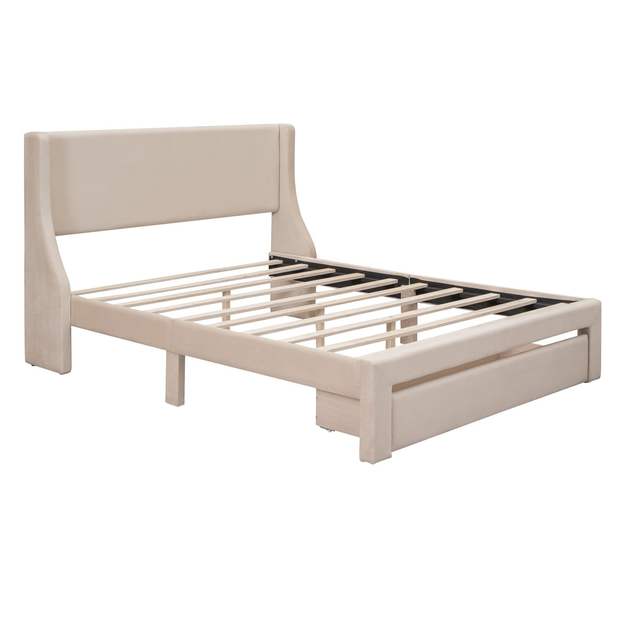 Queen SizeStorage Bed Velvet Upholstered Platform Bed with a Big Drawer - Beige