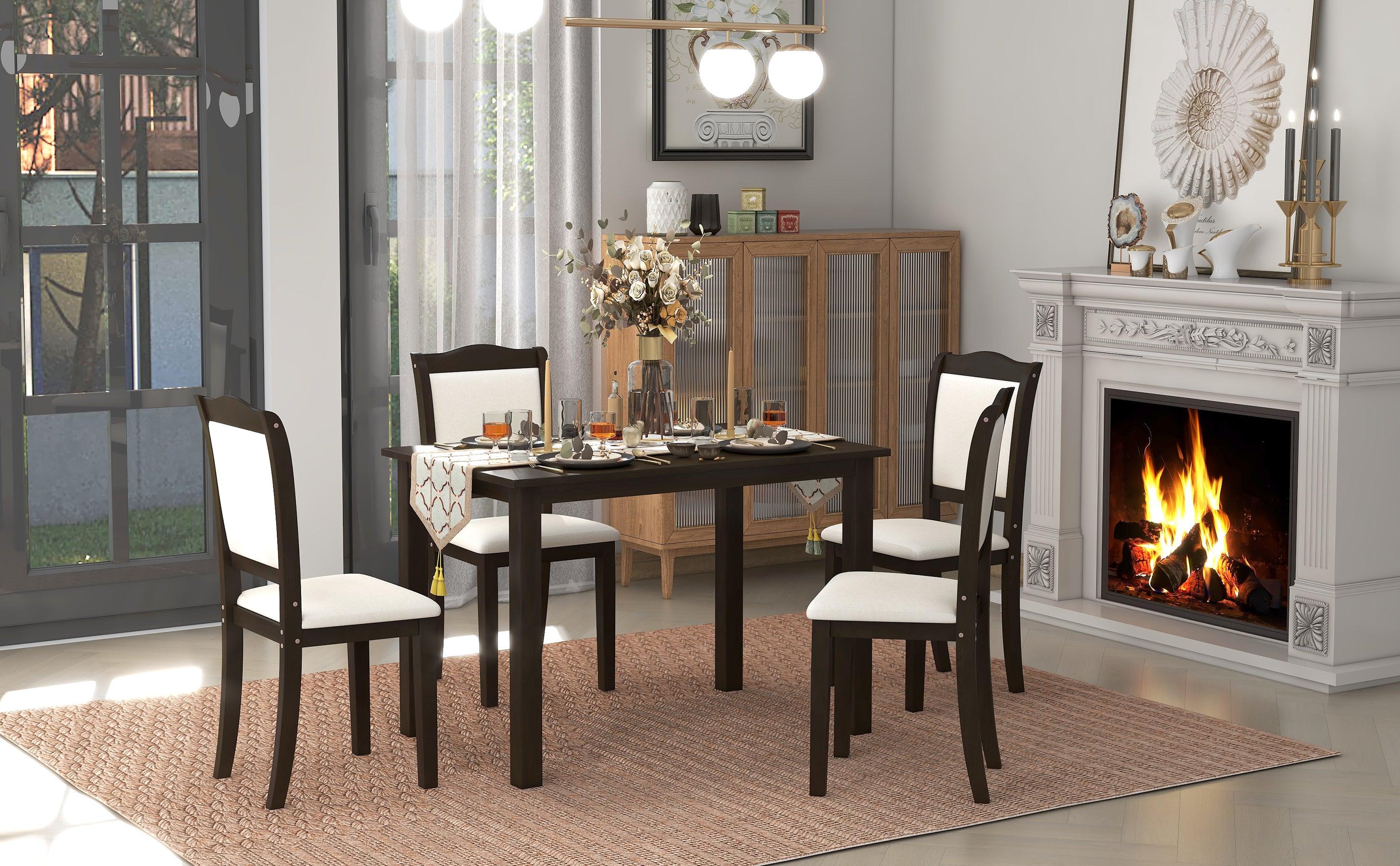 5-Piece Wood Dining Table Set Simple Style Kitchen Dining Set Rectangular Table with Upholstered Chairs for Limited Space (Espresso)