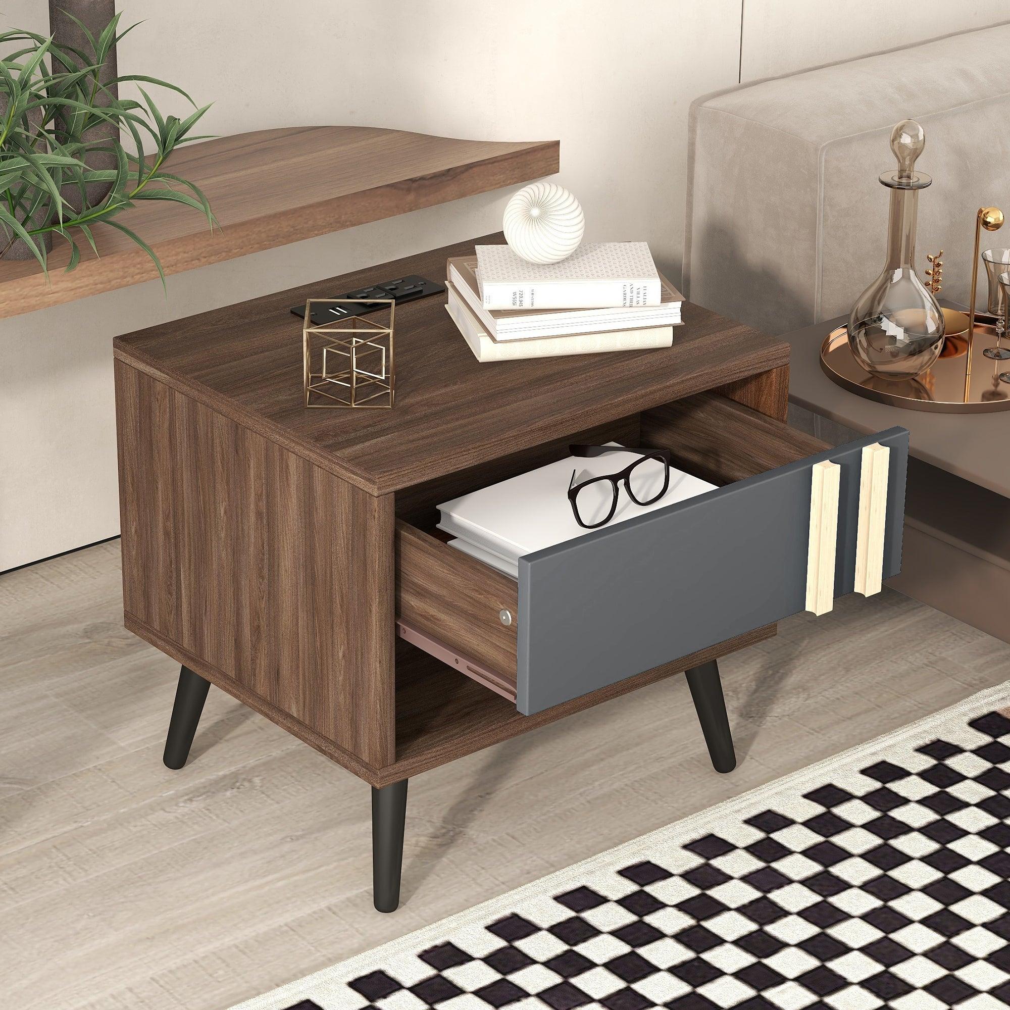 Wooden Nightstand with USB Charging Ports，End Table for Bedroom,Gray+Walnut image