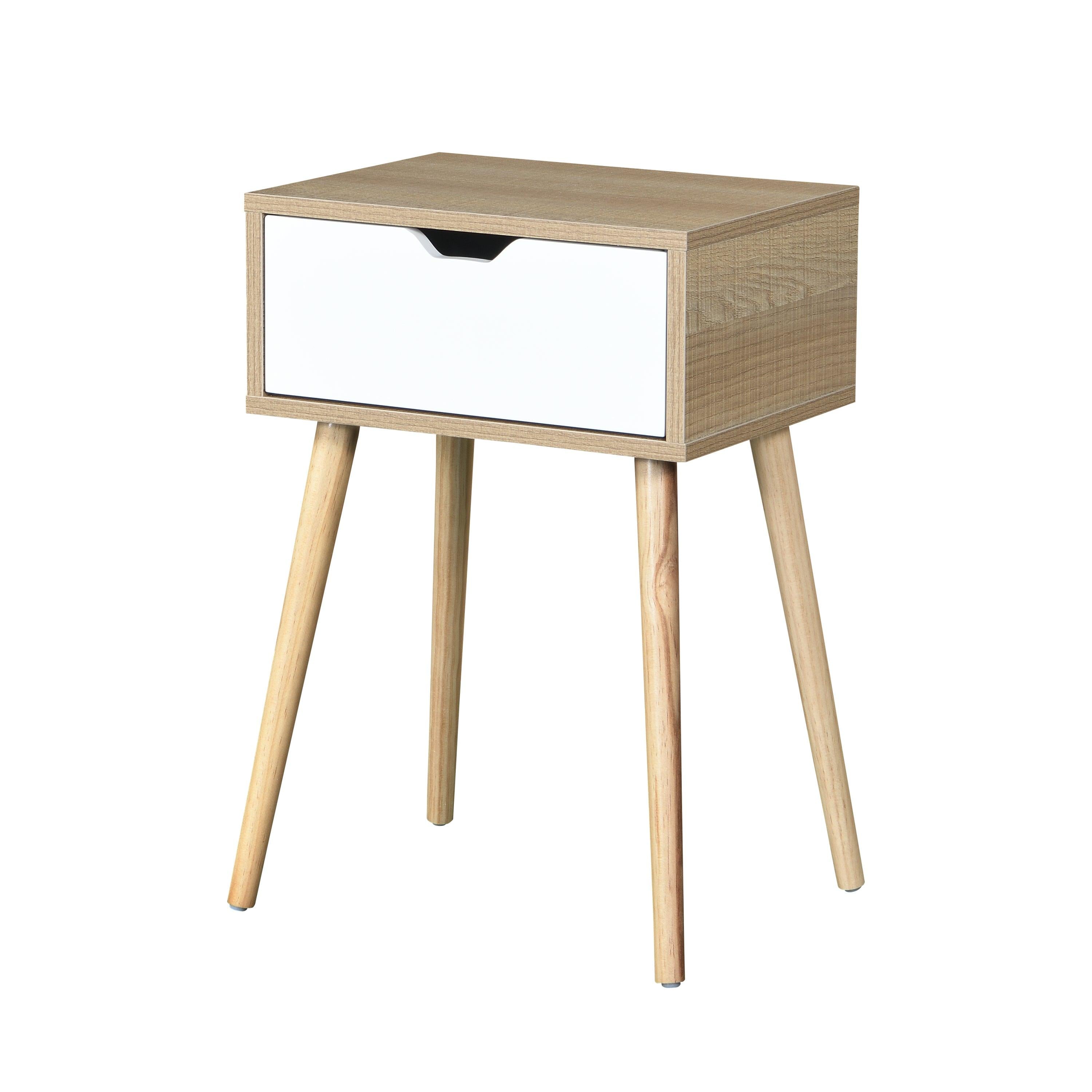 Side Table with 1 Drawer and Rubber Wood Legs, Mid-CenturyModernStorage Cabinet for Bedroom Living Room Furniture, White with solid wood color