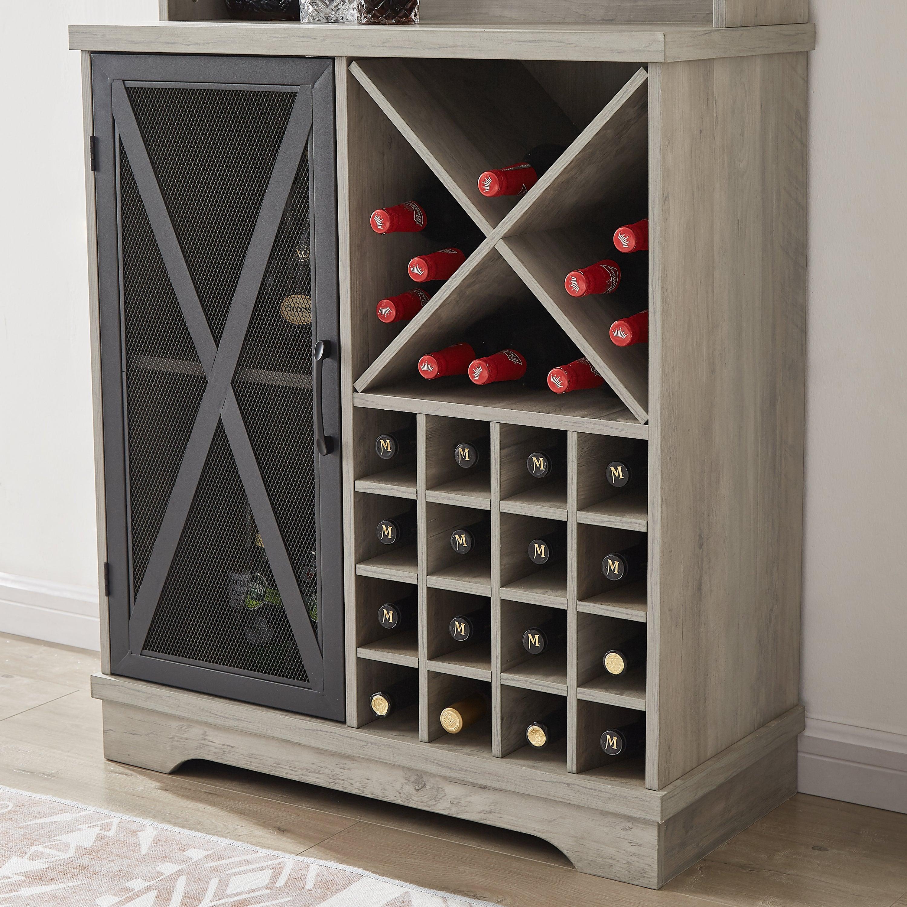 Farmhouse Wine Cabinet , Large Capacity Kitchen SideboardStorage Cabinet With Wine Rack And Glass Holder, Adjustable Shelf And 16 Square Compartments (Gray, 31.50" W*13.4" D*71.06"H)