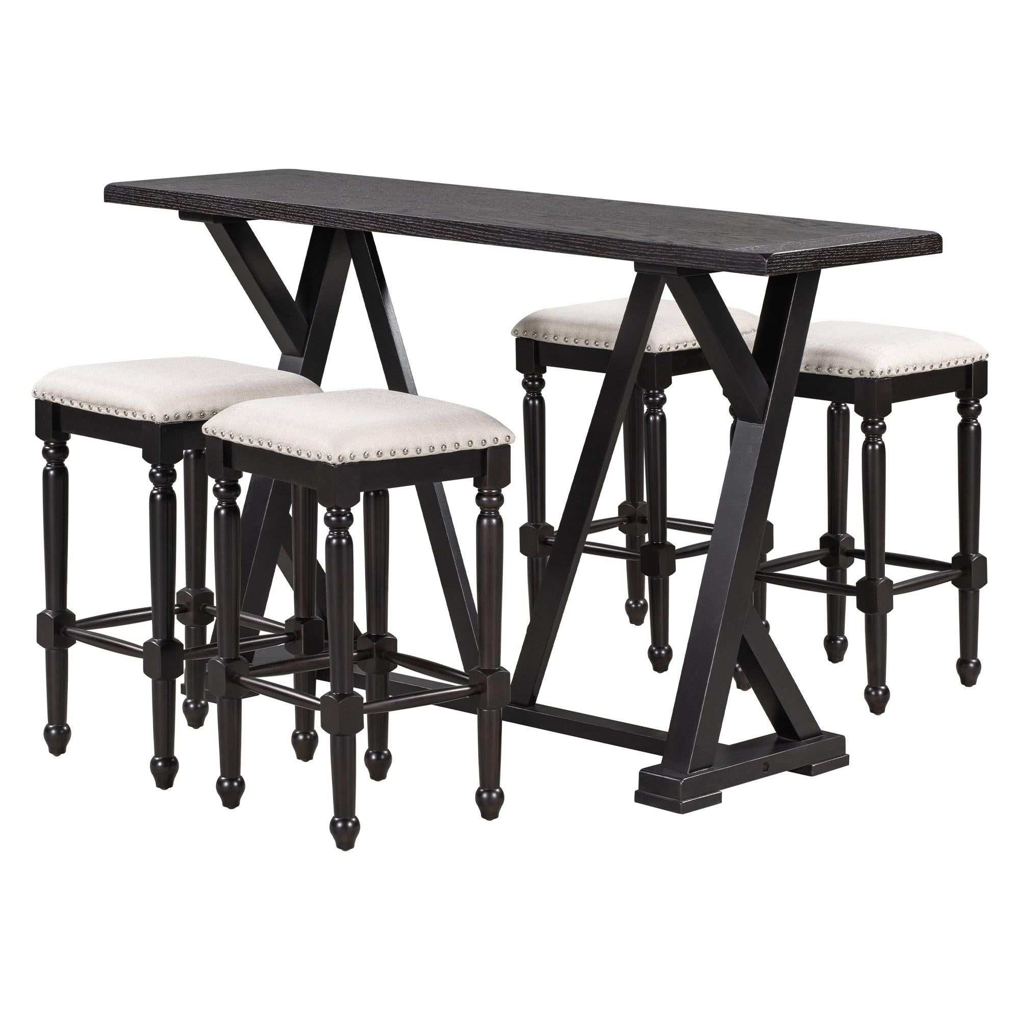 Mid-century Counter Height 5-Piece Dining Set, Wood Console Table with Trestle Legs and 4 Stools for Small Places, Black