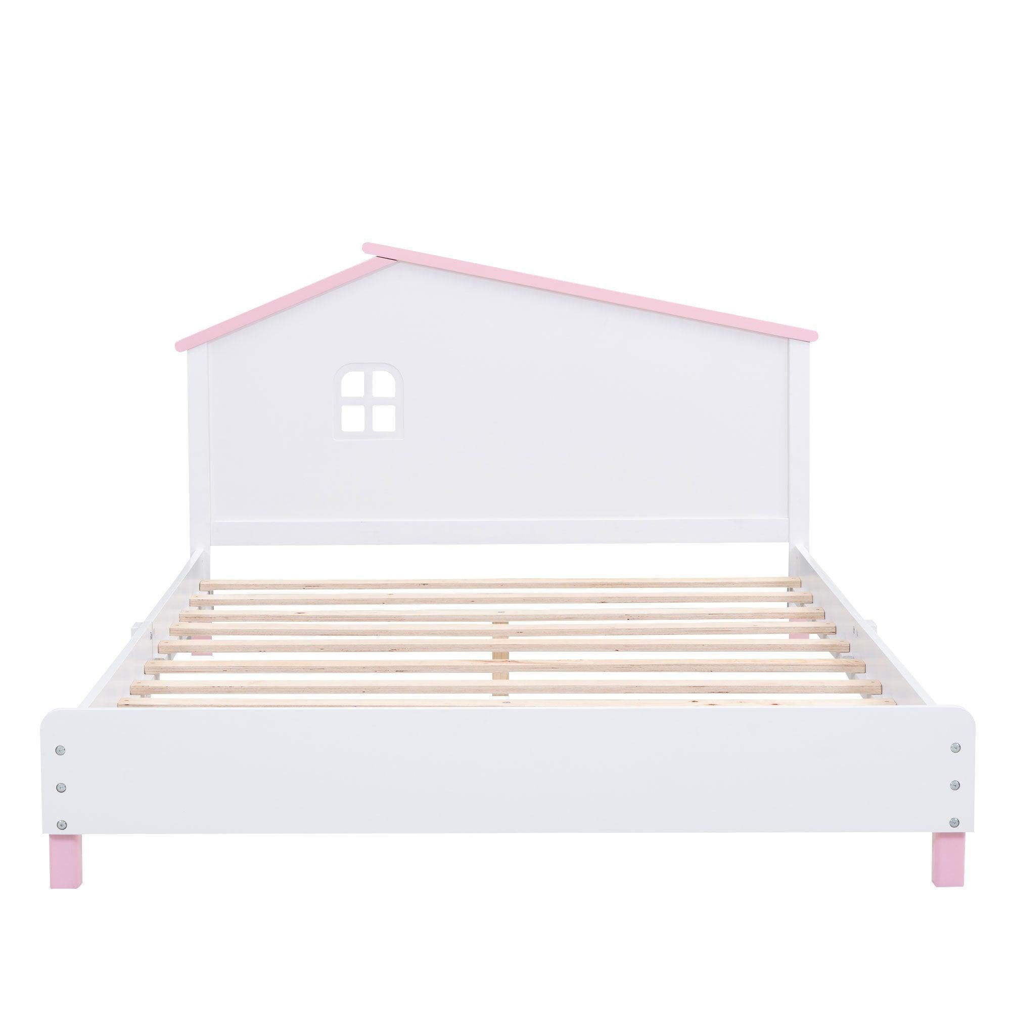 Full Size Wood Platform Bed with House-shaped Headboard  (White+Pink)