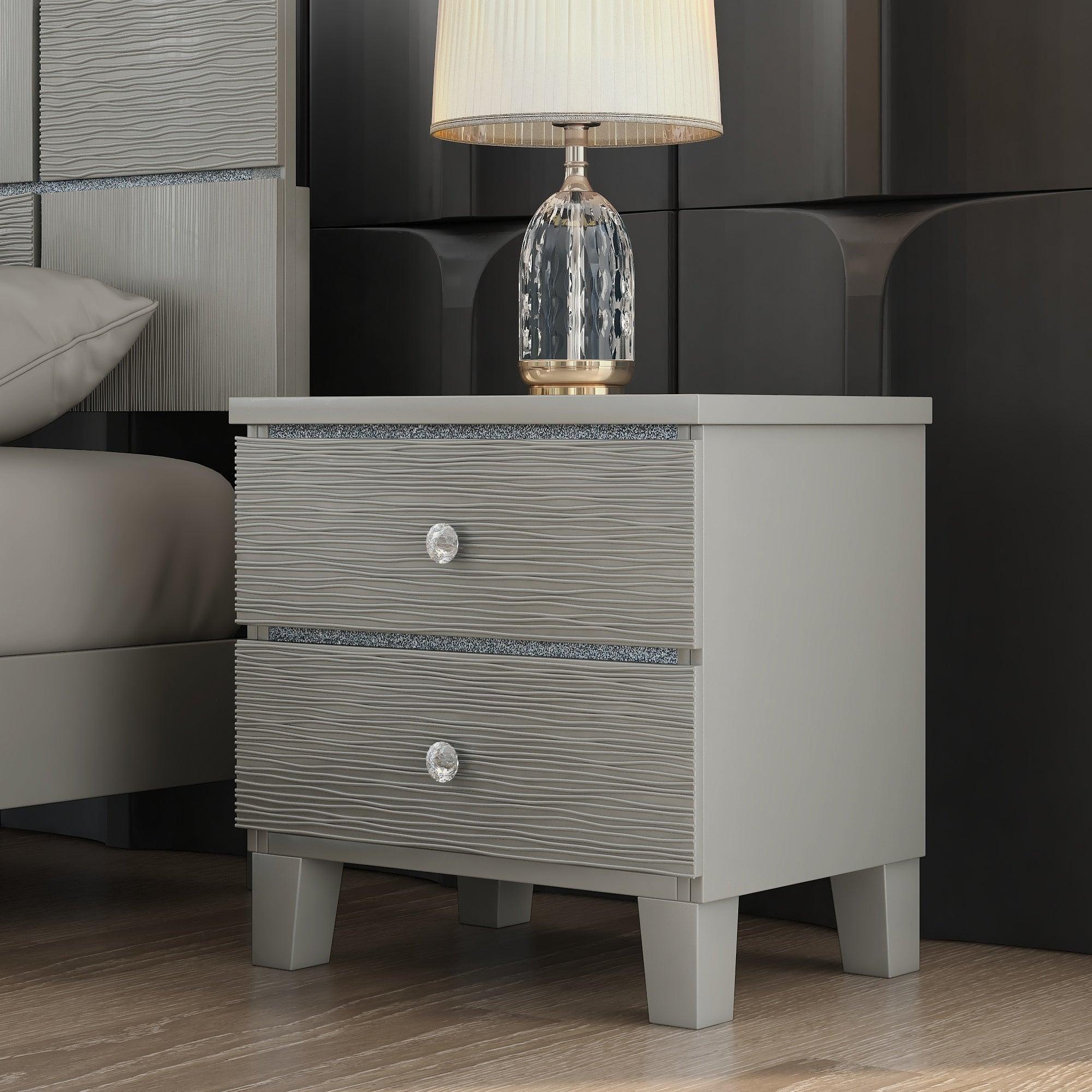 Champagne Silver Rubber Wood Nightstand Side table with 2 Drawers Metal Slides Crystal Handle