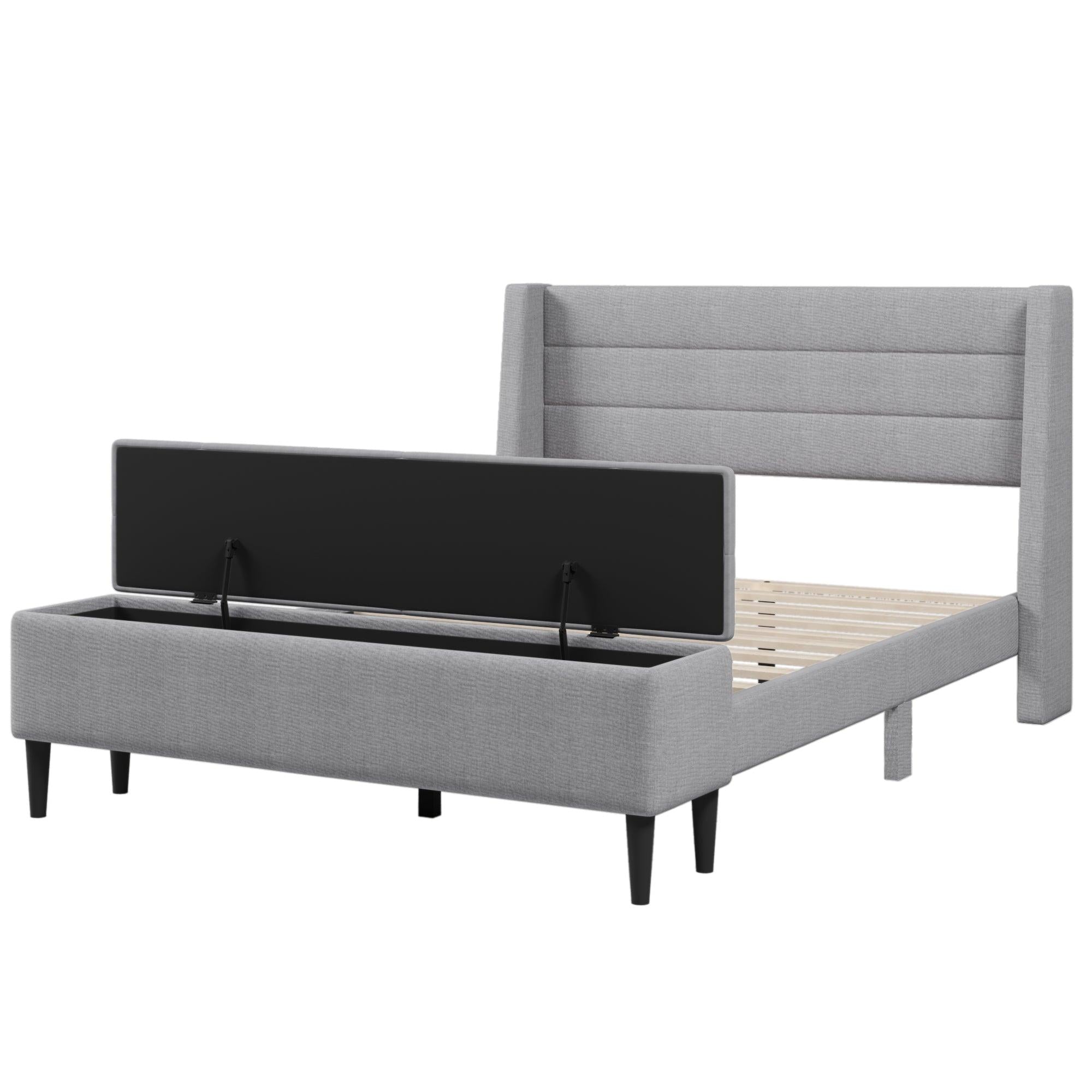 3 Pieces Gray Queen UpholsteredStorage Bed Frame withStorage Ottoman Bench and Two Nightstands