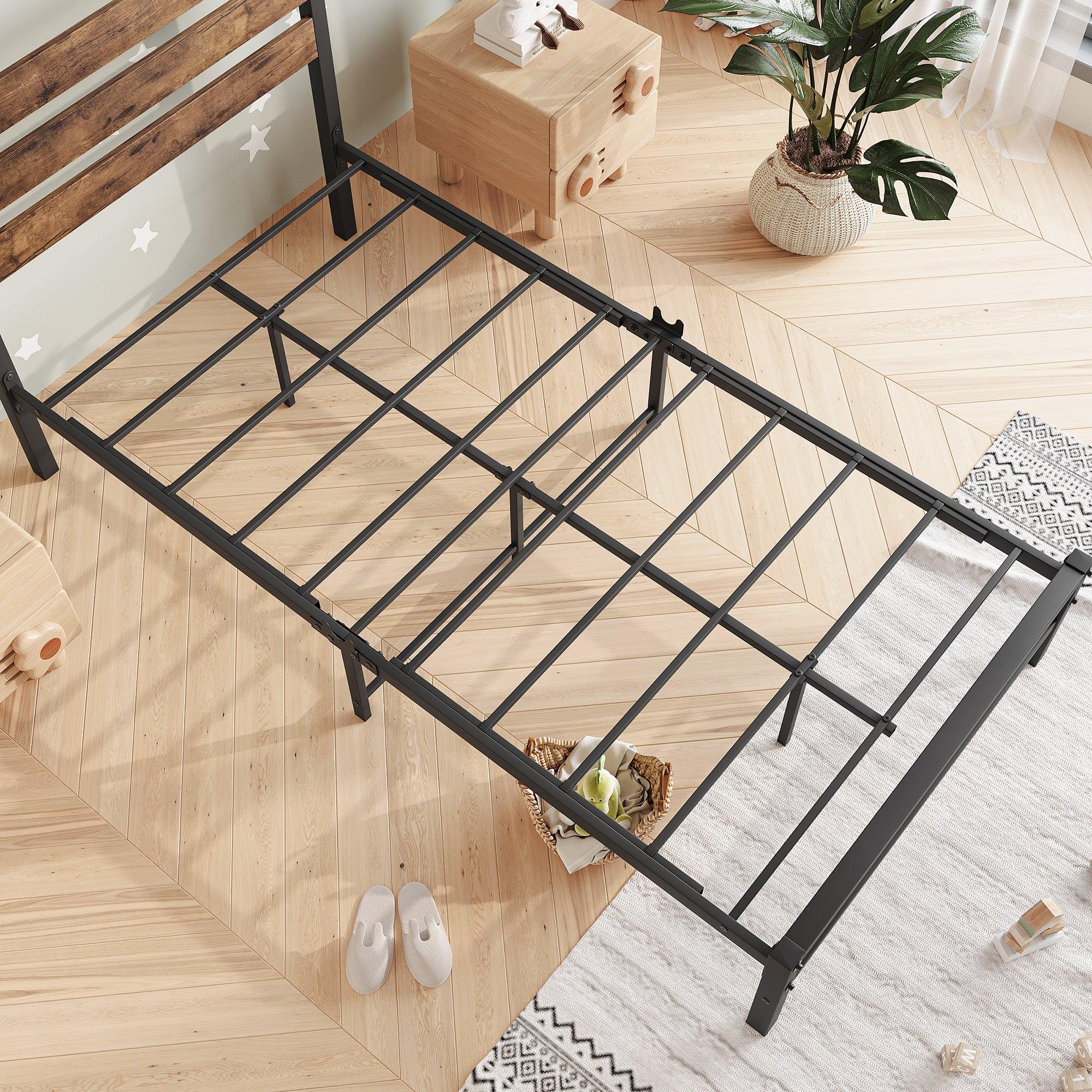 Twin Size Platform Bed Frame with Rustic Vintage Wood Headboard, Strong Metal Slats Support Mattress Foundation, No Box Spring Needed Rustic Brown