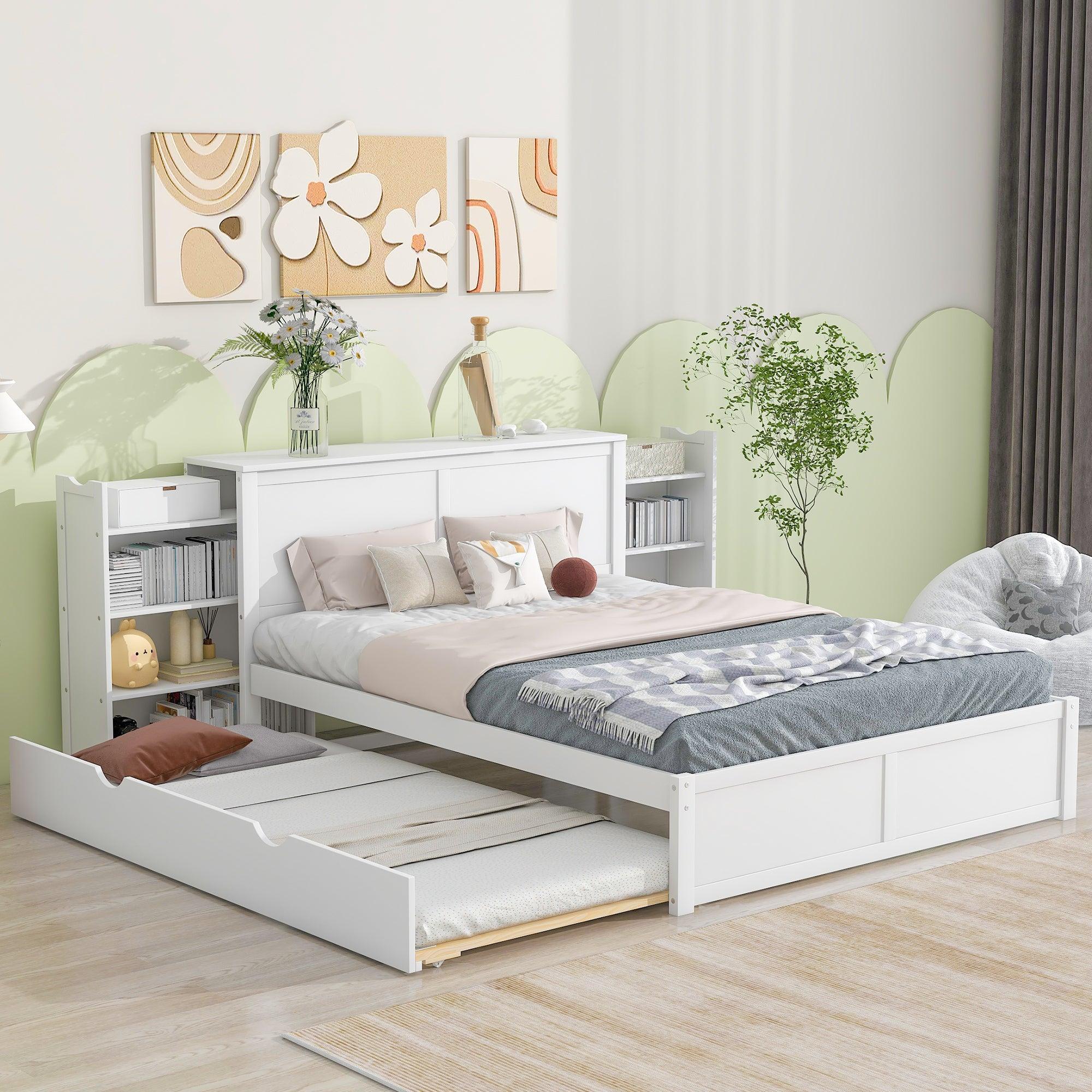 Queen SizeStorage Platform Bed with Pull Out Shelves and Twin Size Trundle, White image