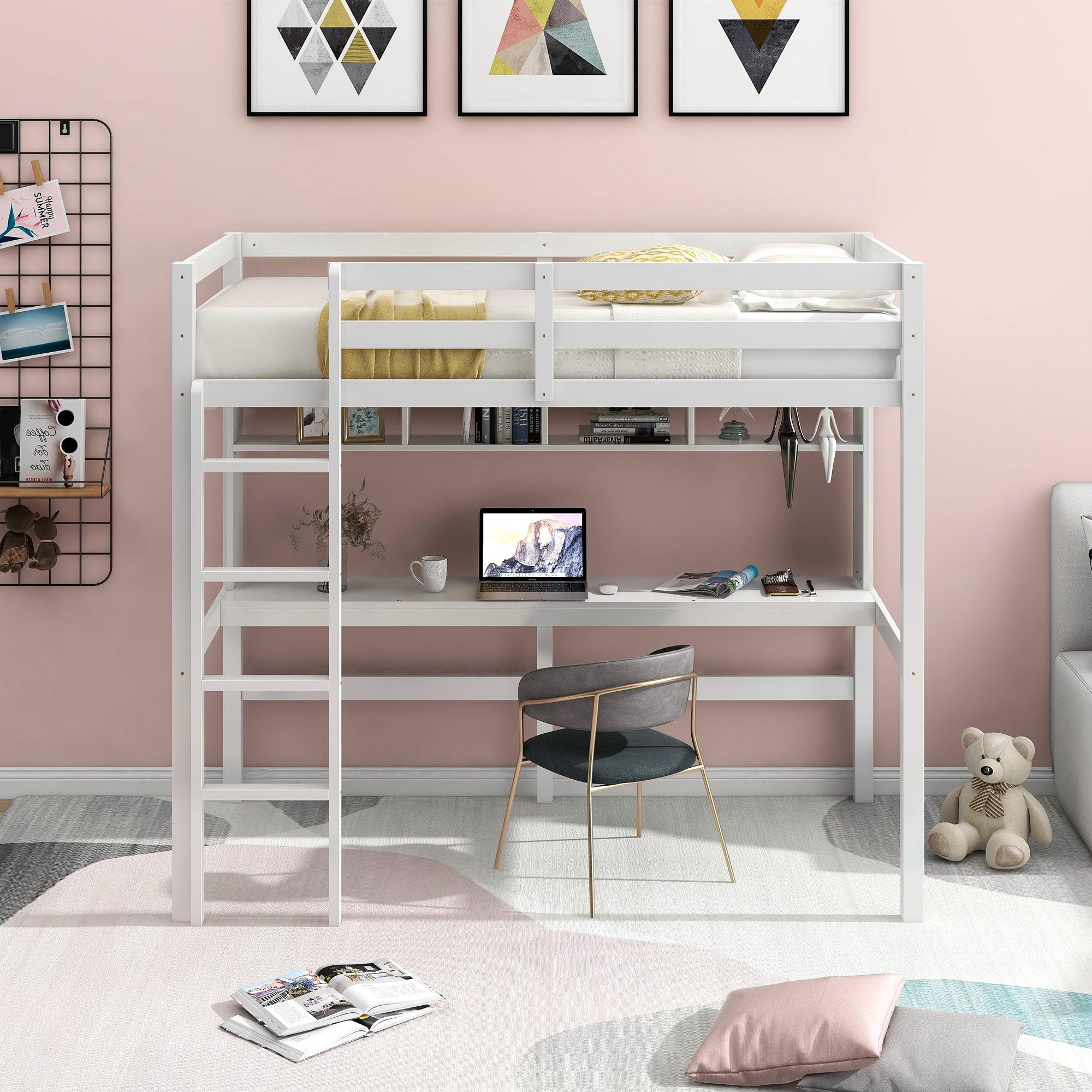 Twin Size Loft Bed with Convenient Desk, Shelves, and Ladder, White