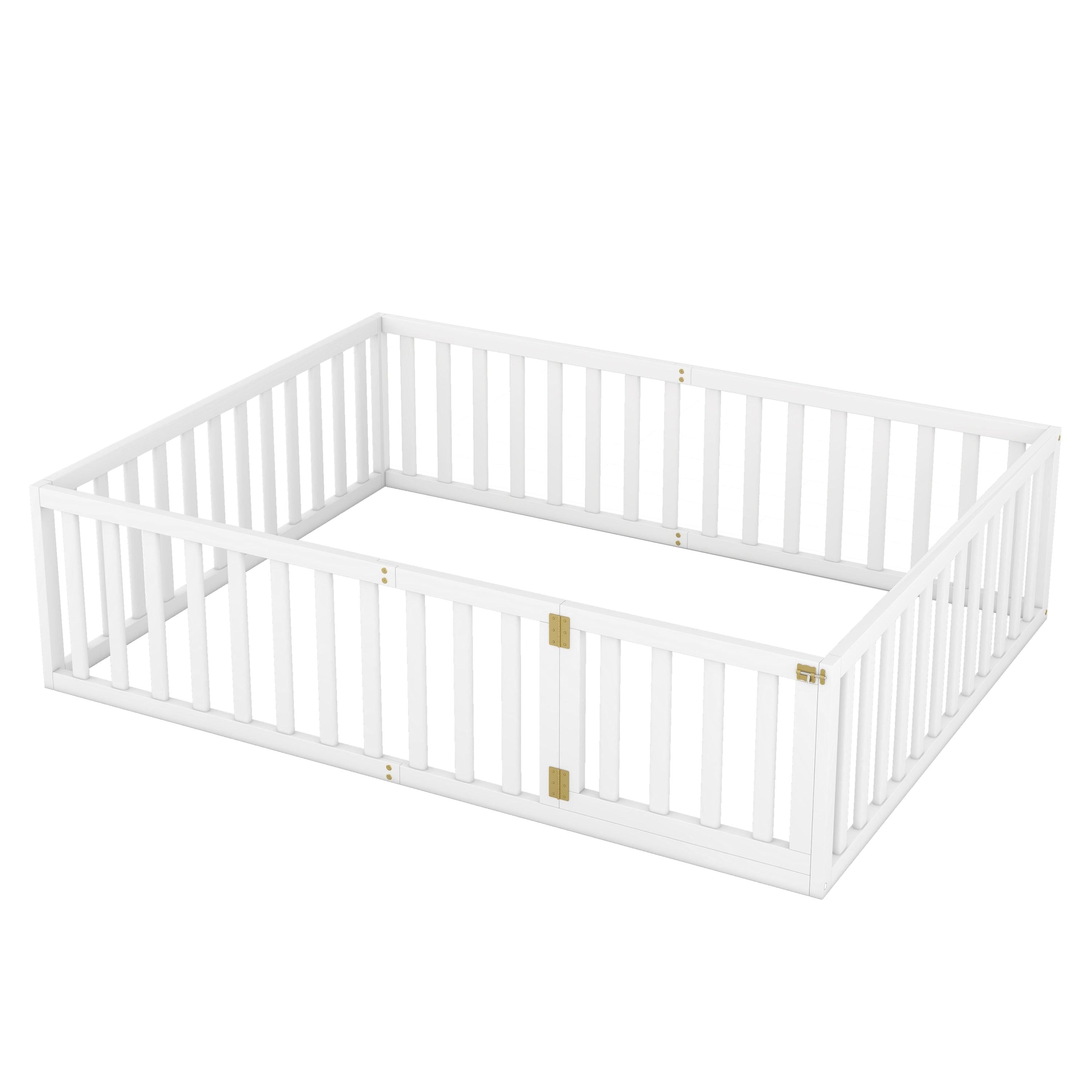 Queen  Size Wood Floor Bed Frame with Fence and Door, White