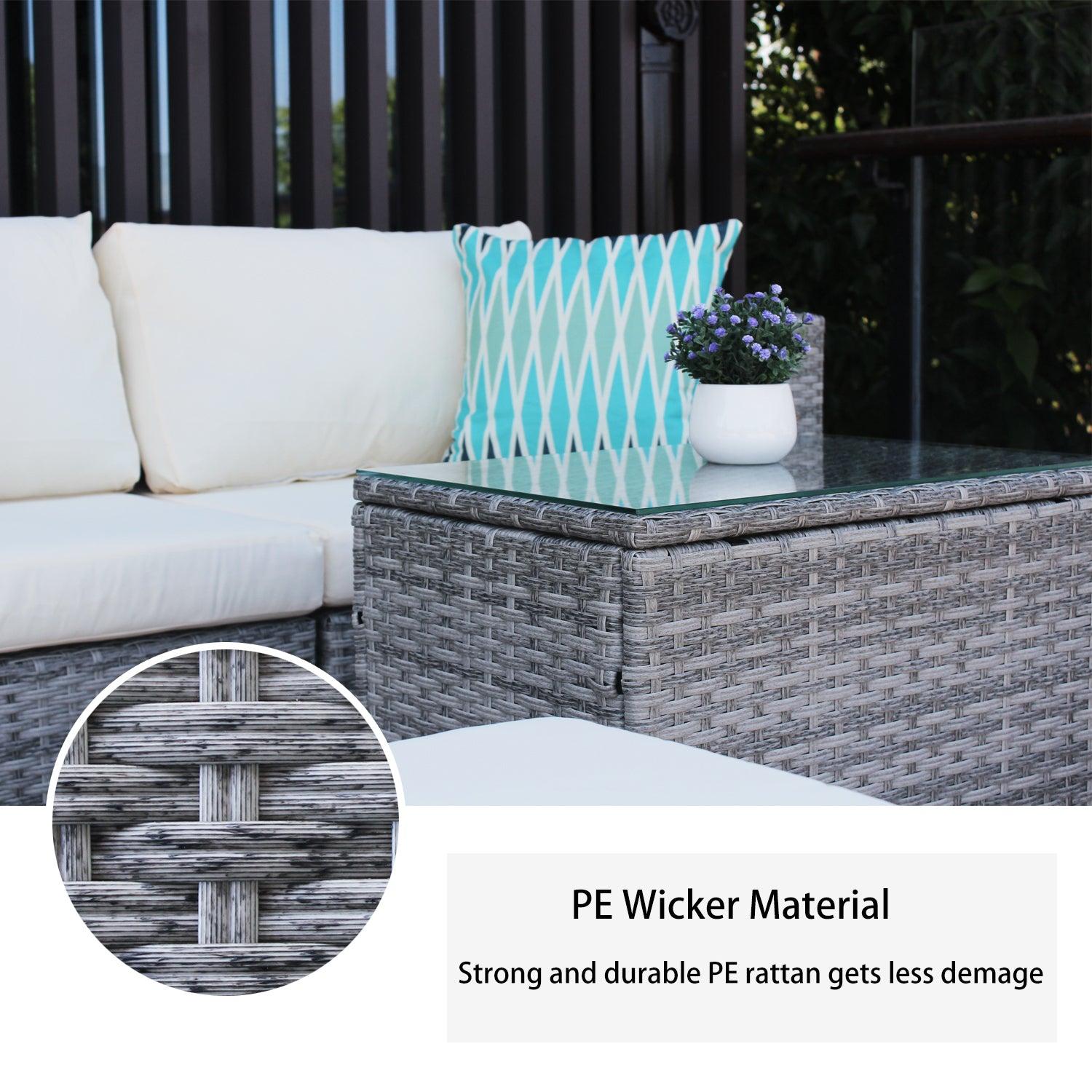 5 Pieces Outdoor Patio Wicker Sofa Set Grey Rattan and Beige Cushion with Weather Protecting Cover